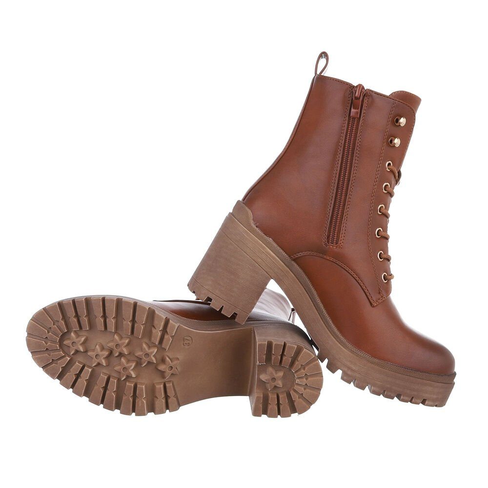 Damen High-Heel Schnürschuhe in Camel Blockabsatz Ital-Design Freizeit Schnürstiefelette Stiefeletten