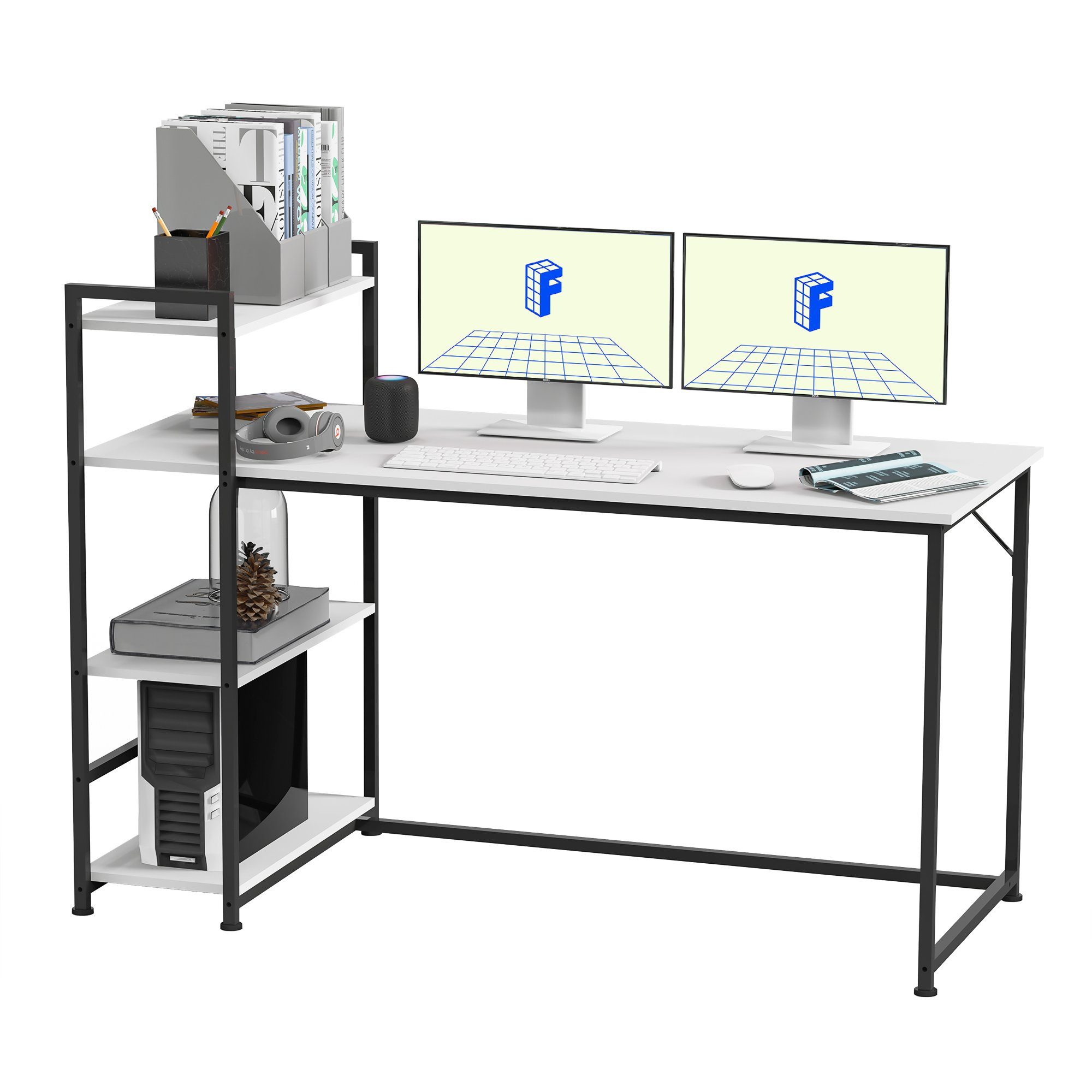 FLEXISPOT Schreibtisch Basic Plus F5 (Home Office PC-Tisch), 4 Tier  Lagerregalen, Schreibtisch mit Bücherregal