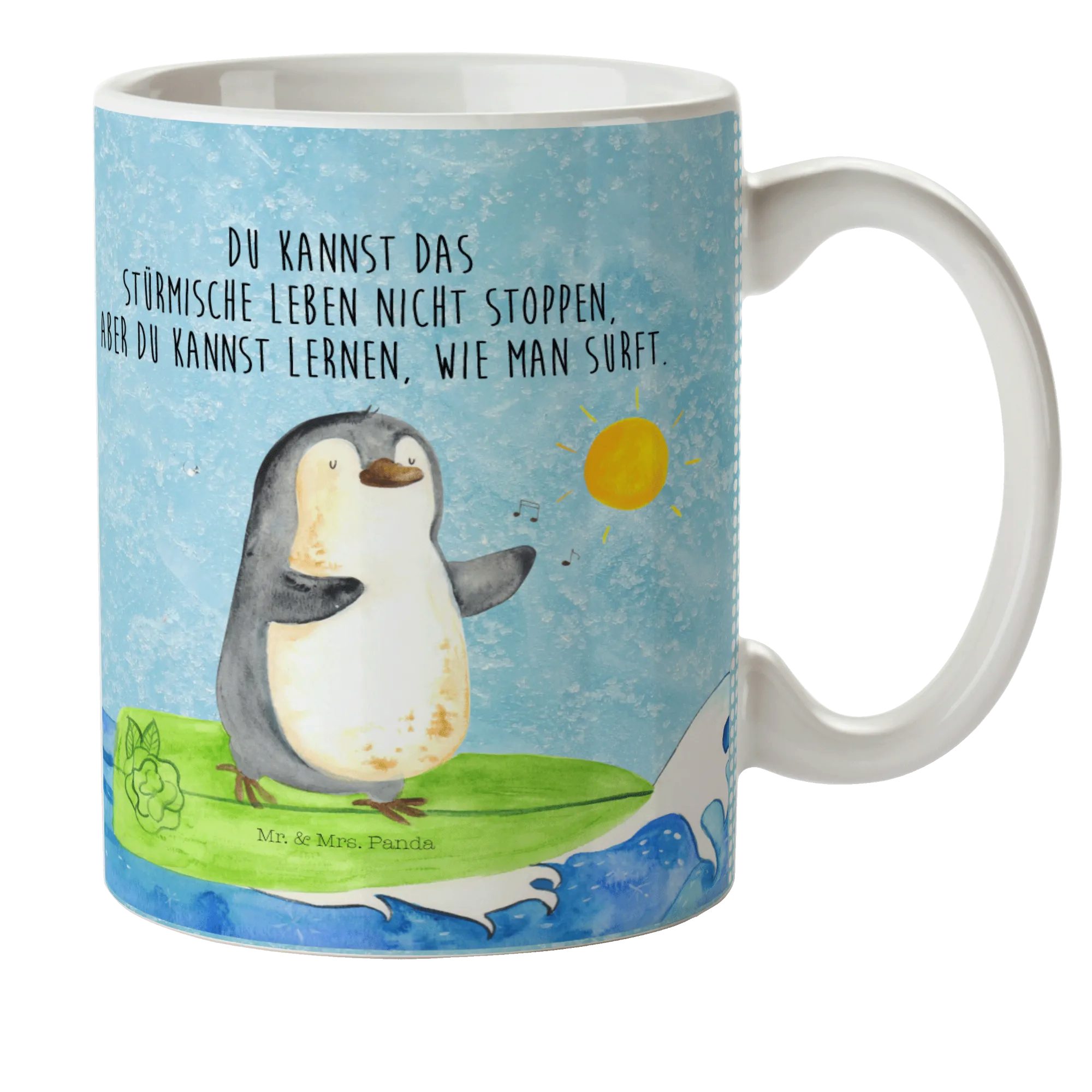 Mr. & Mrs. Panda Kinderbecher Pinguin Surfer - Eisblau - Geschenk, Kindertasse Für Baby, Kinder-Ker, Kunststoff, Robustheit
