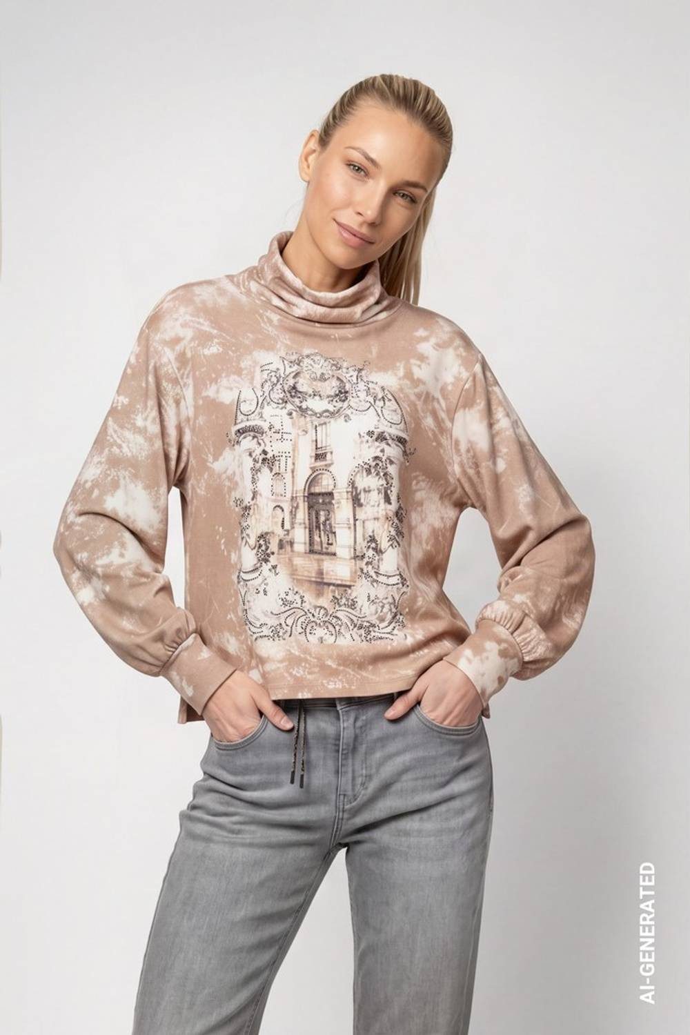 Monari Sweatshirt 809829 Galerie-Print mit funkelnden Strasssteinen und femininen Kräuselungen – Bild 2 von 5