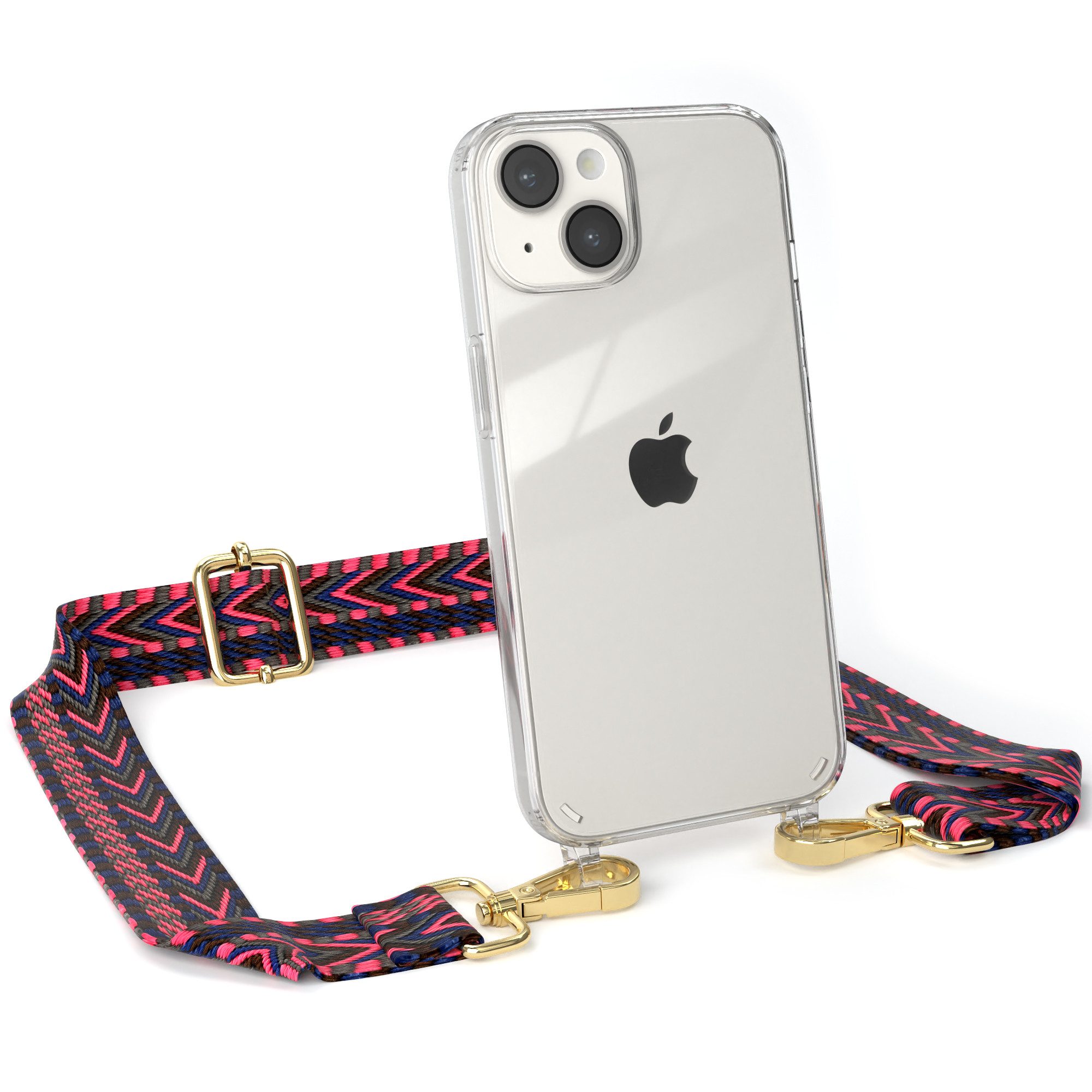 EAZY CASE Handykette Boho Umhängeband für Apple iPhone 14 6,1 Zoll, Verstellbarer Trageriemen mit Case transparent DIY Gürteltasche Pink