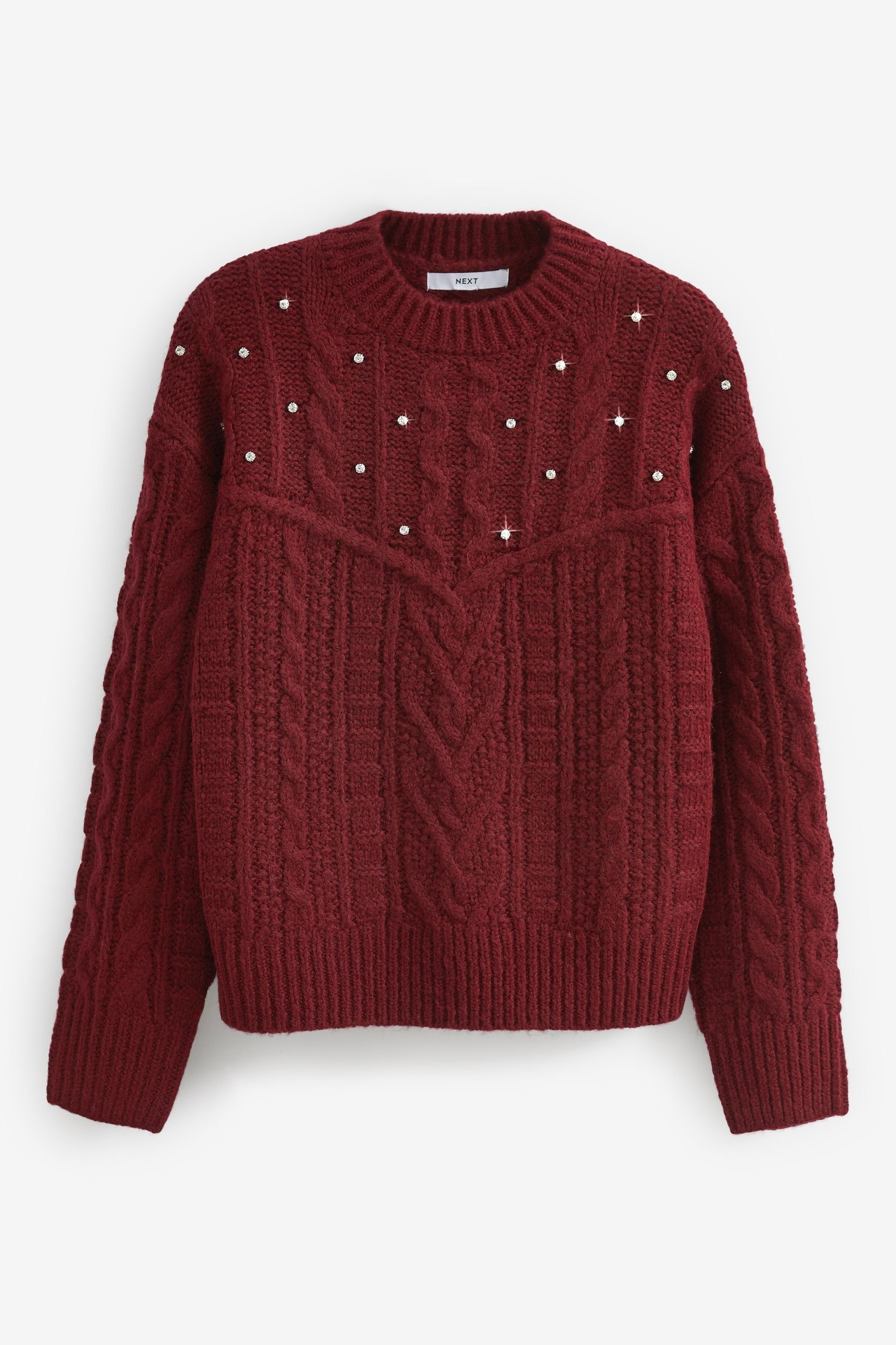 (1-tlg) mit Next Berry Red Schmuckstein-Detail Rundhalspullover Pullover und Zopfmuster