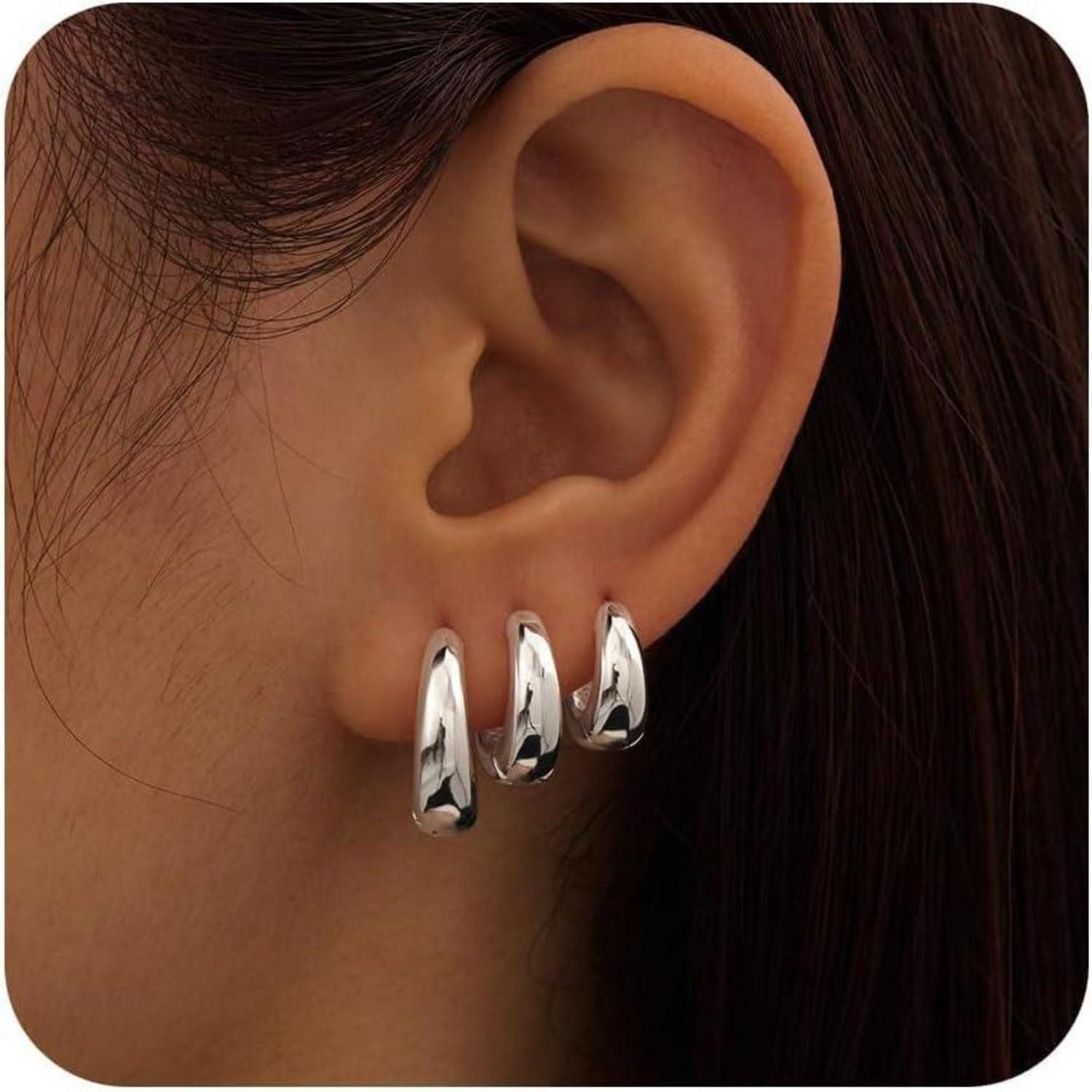 LuxusKollektion Creolen-Set 3 Paar Creolen Silber 925/Gold Damen Ohrringe Set 14K Vergoldet Mini