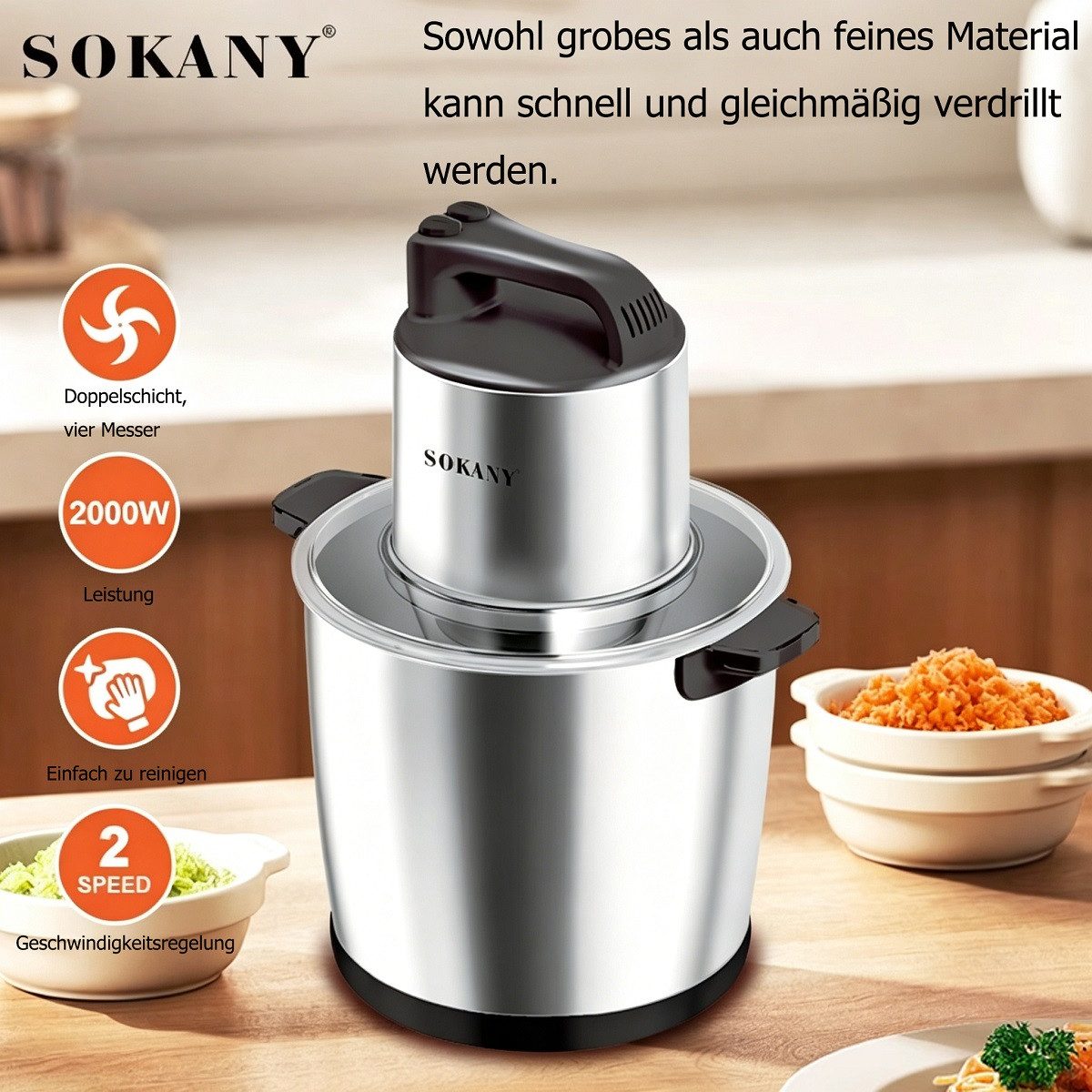 SOKANY Zerkleinerer 2000W Küche Elektrisch Groß, 10L Multizerkleinerer, 2000 W