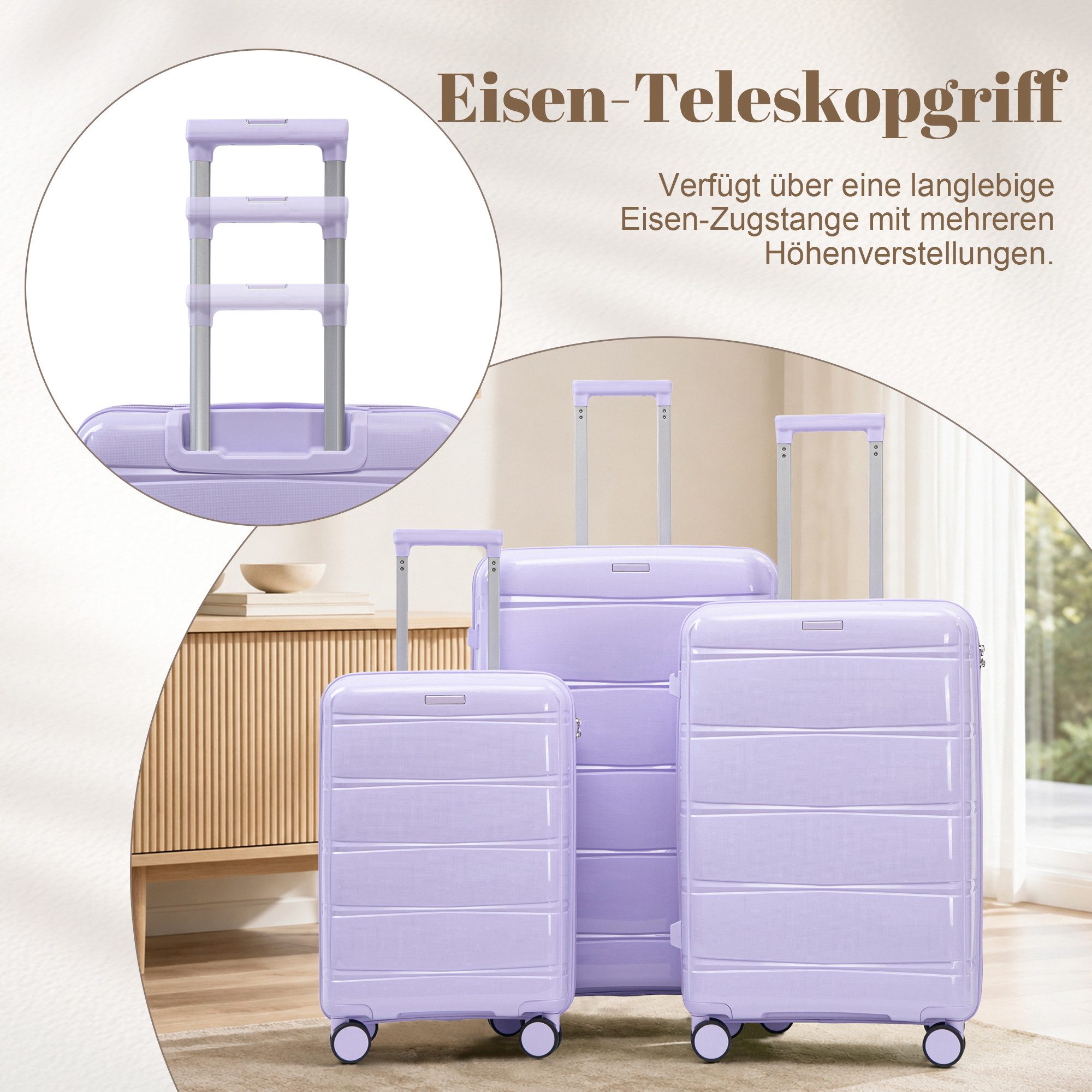 GLP Trolleyset 3-teilig 20/24/28 Zoll, PP Hartschale mit 360° Doppelrollen, 4 Rollen, Zahlenschloss und praktischer Innenaufteilung – Bild 5 von 5