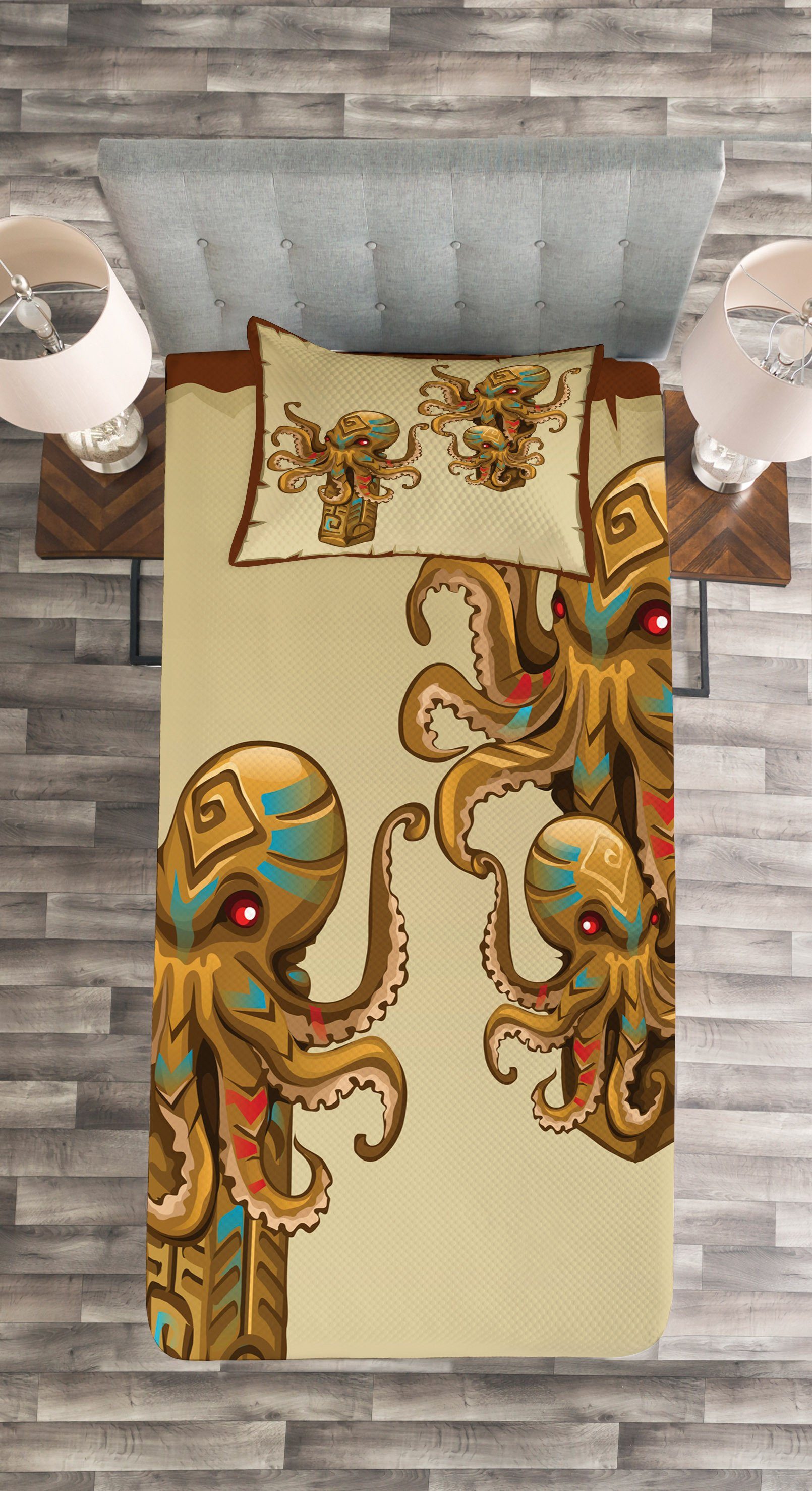 Kissenbezügen Entwurf Waschbar, Tagesdecke Tintenfisch Cartoon-Stil Abakuhaus, Set mit Kraken