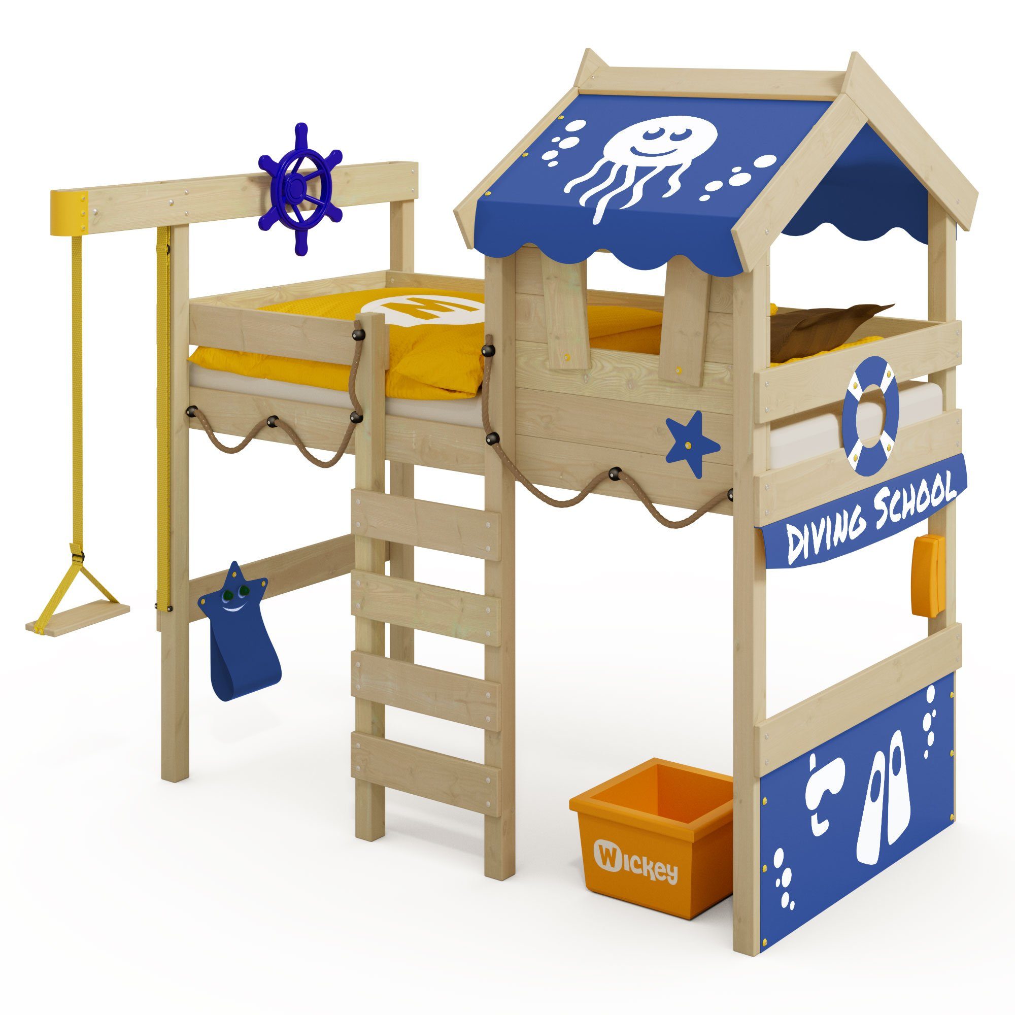 Wickey Kinderbett Crazy Jelly - Spielbett, 90 x 200 cm, Etagenbett (Holzpaket aus Pfosten und Brettern, Spielbett für Kinder), Massivholzbrett Blau