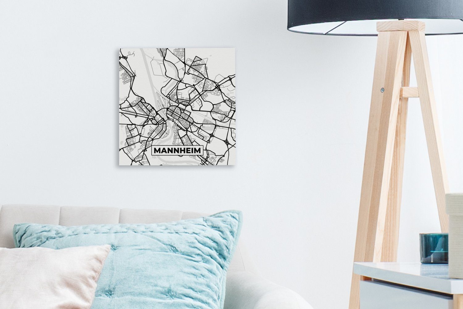 OneMillionCanvasses® Leinwandbild (1 Wegbeschreibung, - Leinwand - Bilder St), Wohnzimmer Karte für Schlafzimmer Stadtplan Mannheim 