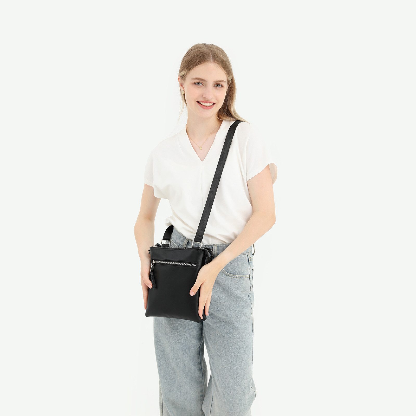 Miss Lulu Umhängetasche Damen Handytasche in Schwarz mit verstellbarem Riemen