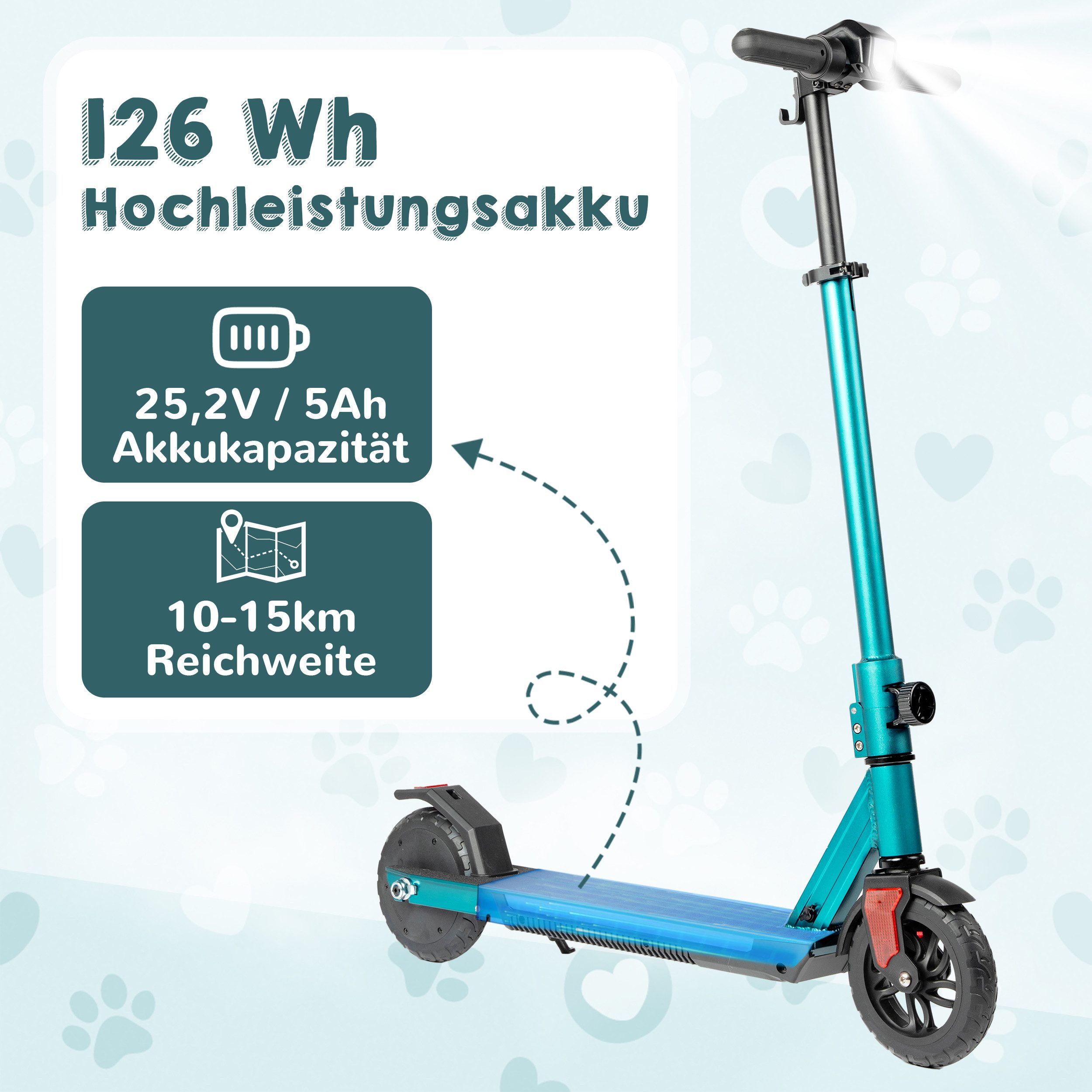 Vankel Elektro-Kinderroller klappbar, E Scooter für Kinder, ab 10 Jahre, 15km, Bunte Leuchten, Cityroller, 14km/h, EBS+Fußbremse, höhenverstellbar, mit Haken