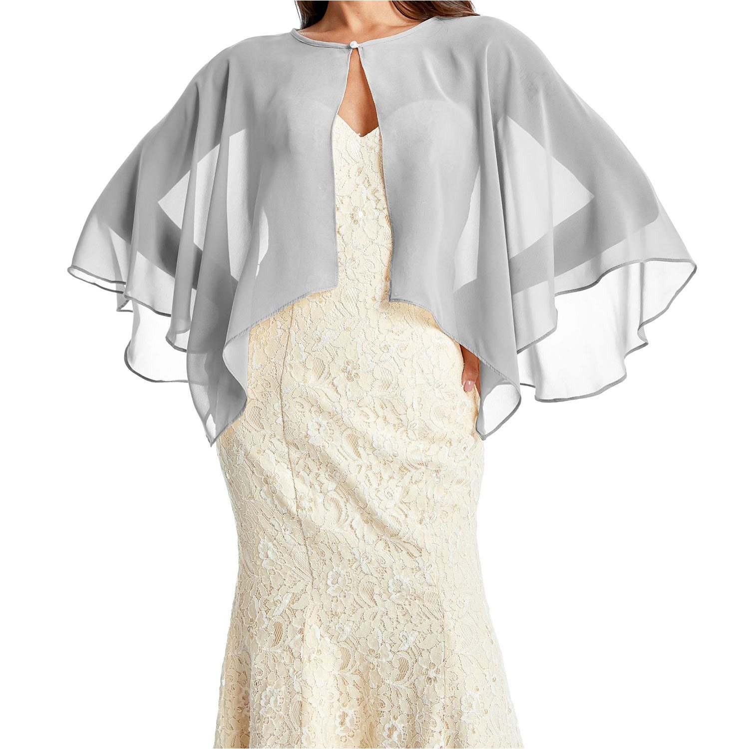 Refttenw Poncho Damen Stola für Abendkleid Chiffon Bolero Brautjacke mit Perlen Elegant Luftig Leicht