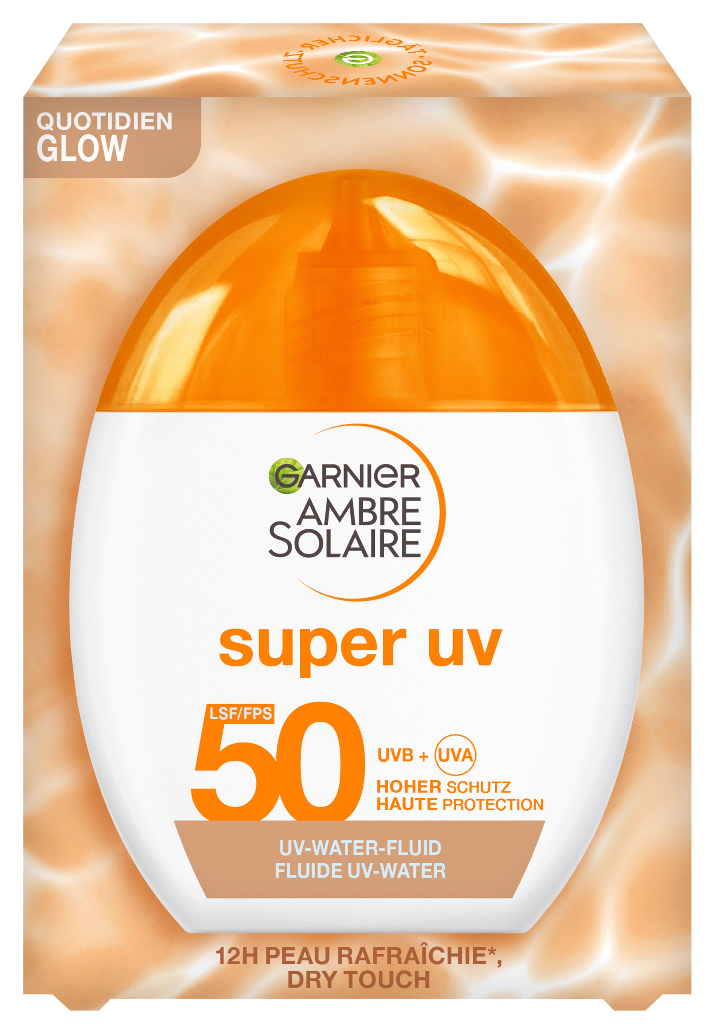 GARNIER Sonnenschutzfluid Garnier Super UV UV-Water-Fluid Glow LSF 50, für das Gesicht, leichte Fluid-Textur, mit LSF 50