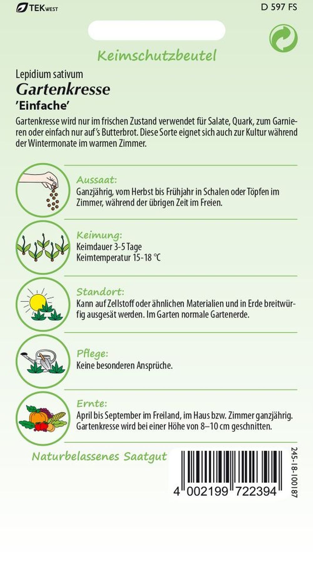 SAMEN PFANN Kräutersamen Klassische Gartenkresse - schnellwüchsig vitaminreich ertragreich, Lepidium sativum