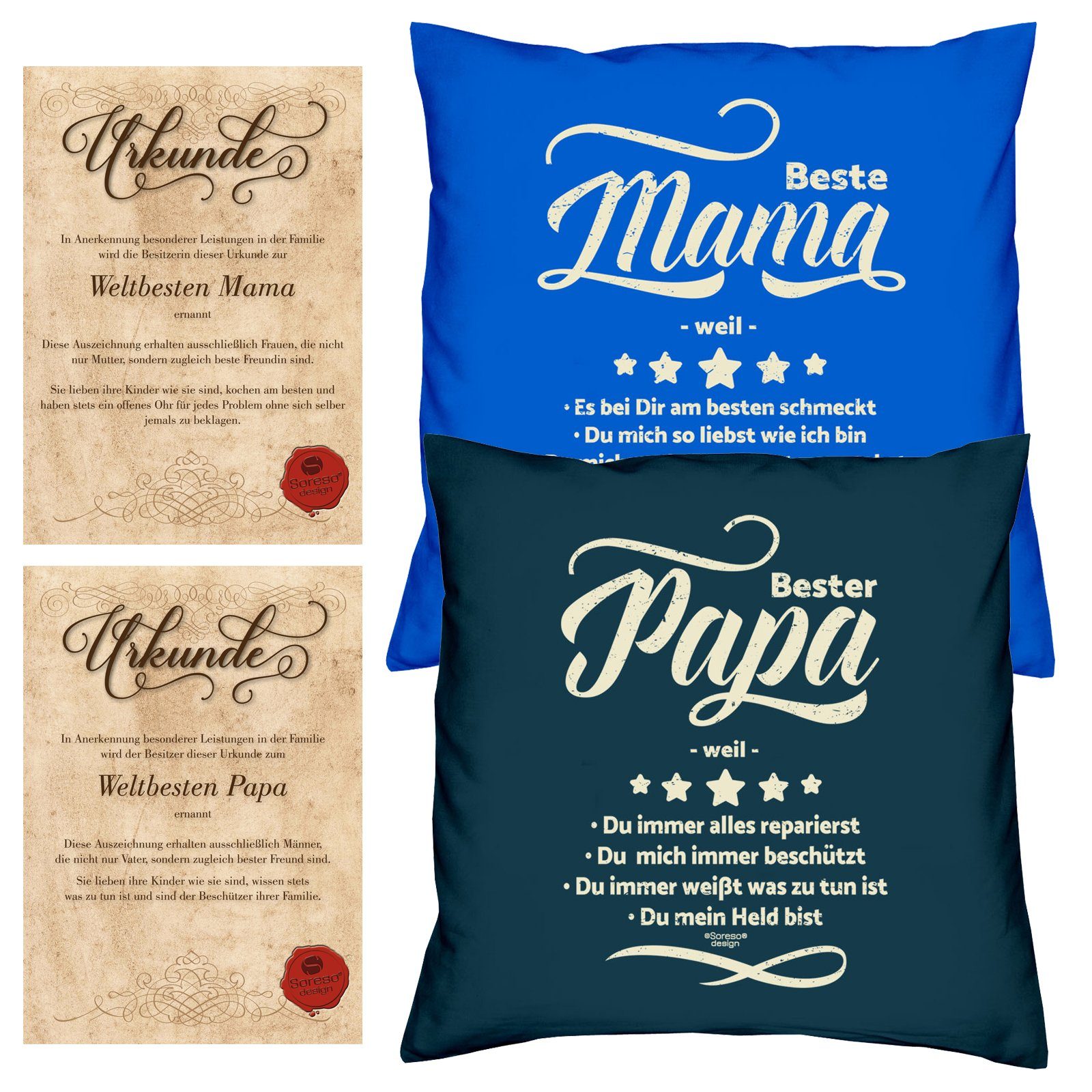 weil Mama Vatertagsgeschenk Set Kissen-Set Dekokissen Urkunden, weil Muttertagsgeschenk royal-blau Bester Beste Soreso® Papa mit