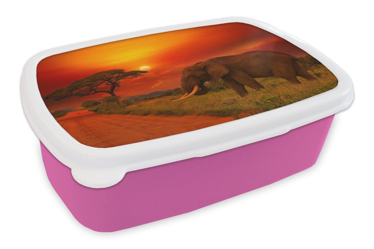 MuchoWow Lunchbox Elefant - Sonnenuntergang - Orange - Savanne - Tiere, Kunststoff, (2-tlg), Brotbox für Erwachsene, Brotdose Kinder, Snackbox, Mädchen, Kunststoff rosa