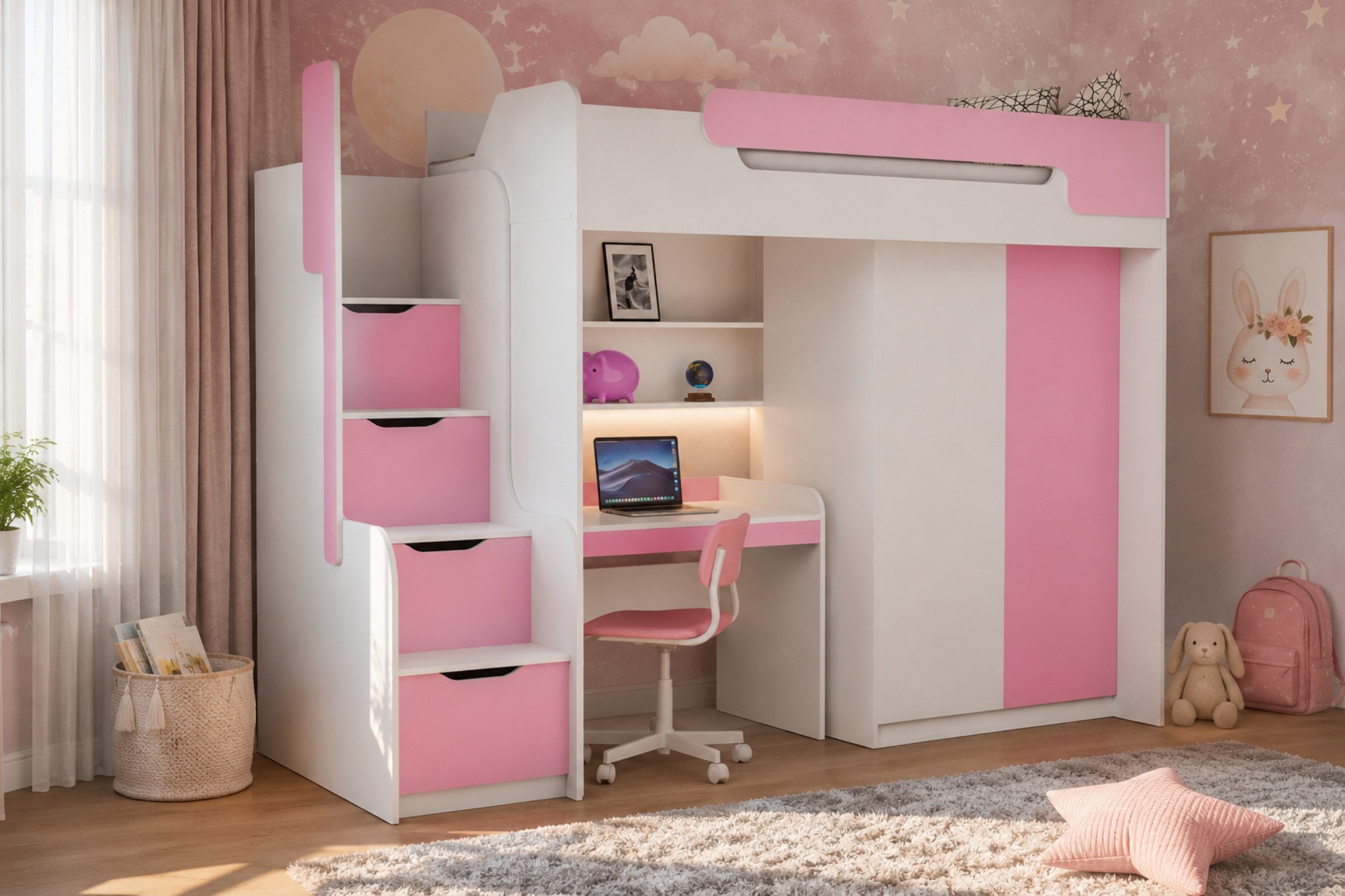 Deine Möbel 24 Hochbett ARTHUR Kinderbett mit Treppe und Stauraum, 90x200 cm (ideal für Kinderzimmer & Jugendzimmer, 1-St., Weiß Eukalyptus Eiche Rosa Blau Anthrazit, praktisch & platzsparend) Multifunktionsbett Jugendbett inkl. Kleiderschrank & Schreibtisch