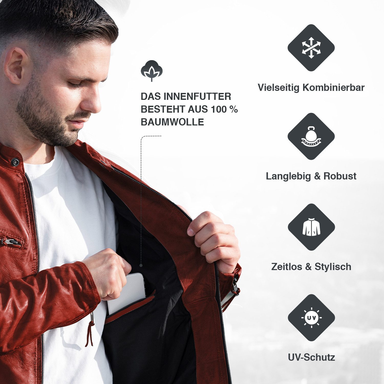 PAULGOS Lederjacke Herren Jacke Übergangsjacke Biker Look 100% Echtleder D2 – Bild 4 von 5
