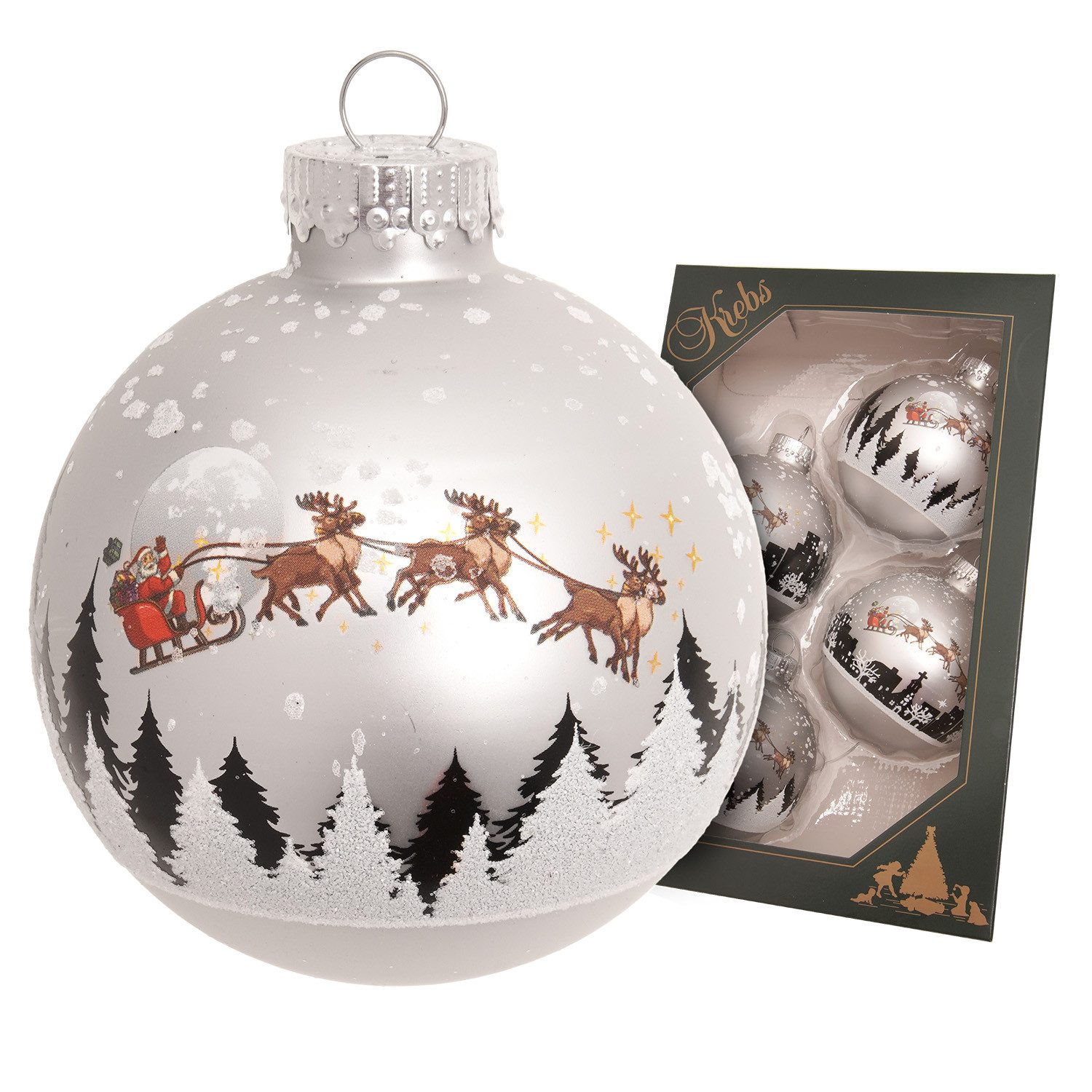 Krebs Glas Lauscha Weihnachtsbaumkugel Weihnachtskugel Santa mit Rentieren silber 7cm, Dekoriert mit Liebe zum Detail