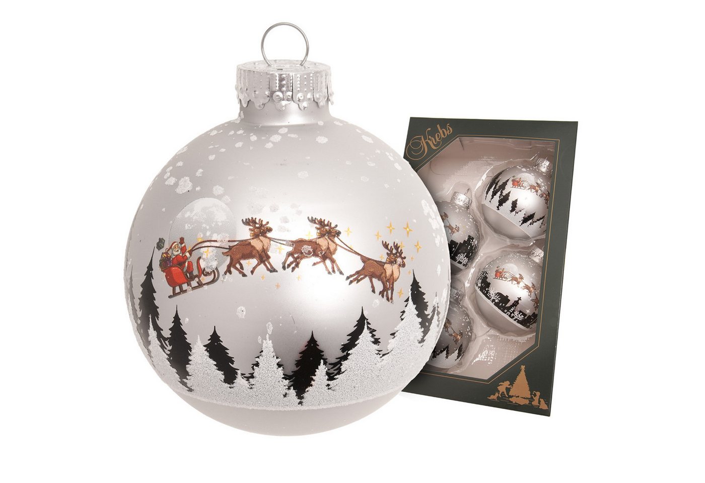 Krebs Glas Lauscha Weihnachtsbaumkugel Weihnachtskugel Santa mit Rentieren silber 7cm, Dekoriert mit Liebe zum Detail