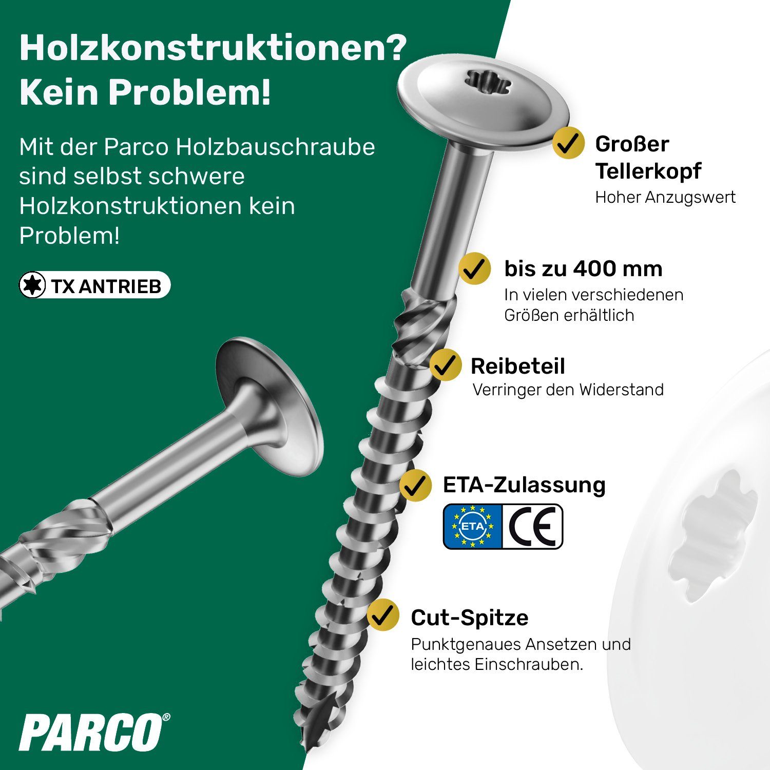 PARCO Schraube Tellerkopfschrauben blau-verzinkt 8x200mm & weitere - ETA Zulassung, (100 St., Legierter Stahl), Holzbauschrauben, CUT-Spitze erleichtert das Einschrauben