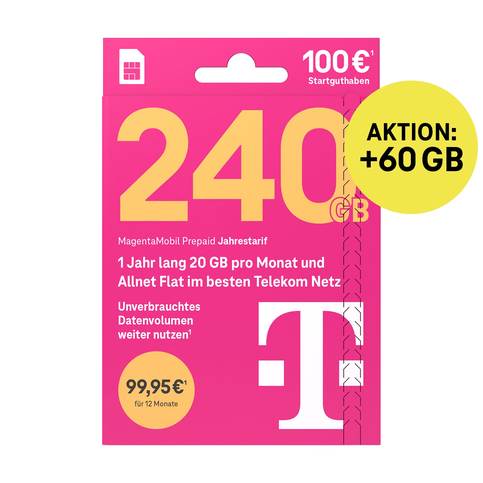 Telekom MagentaMobil Prepaid Jahrestarif Simkarte mit 100 € Startguthaben Prepaidkarte, (EU-Roaming inkl. CH/GB, 100 € Startguthaben)