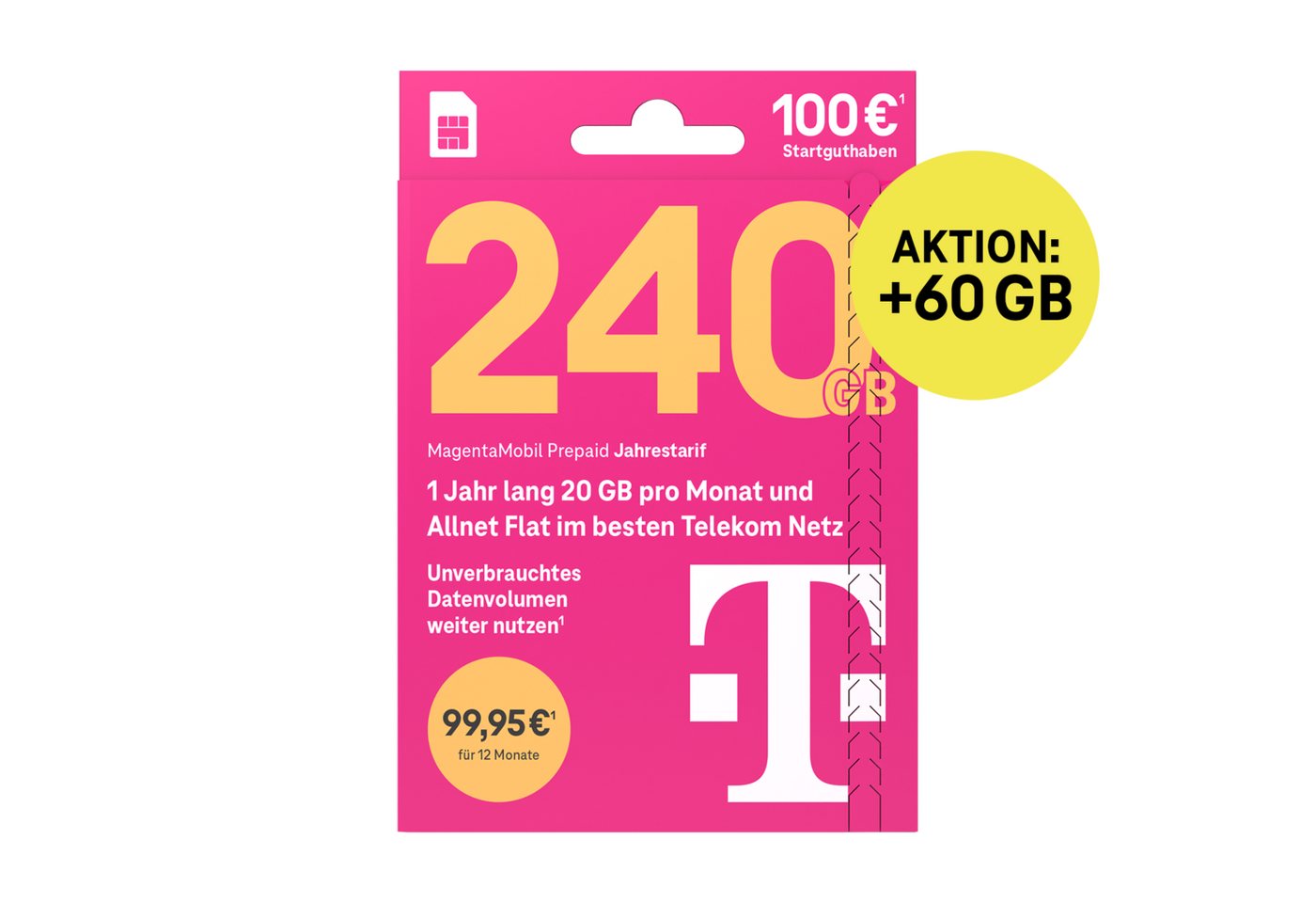 Telekom MagentaMobil Prepaid Jahrestarif Simkarte mit 100 € Startguthaben Prepaidkarte, (EU-Roaming inkl. CH/GB, 100 € Startguthaben)