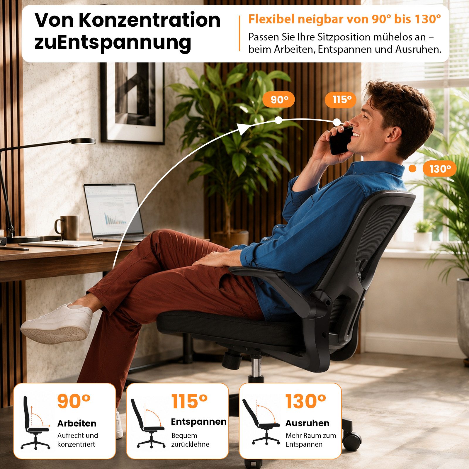Durrafy Bürostuhl Ergonomischer Bürostuhl,Schreibtischstuhl mit klappbaren Armlehnen, Chefsessel mit 150 kg Tragfähigkeit – Bild 5 von 5