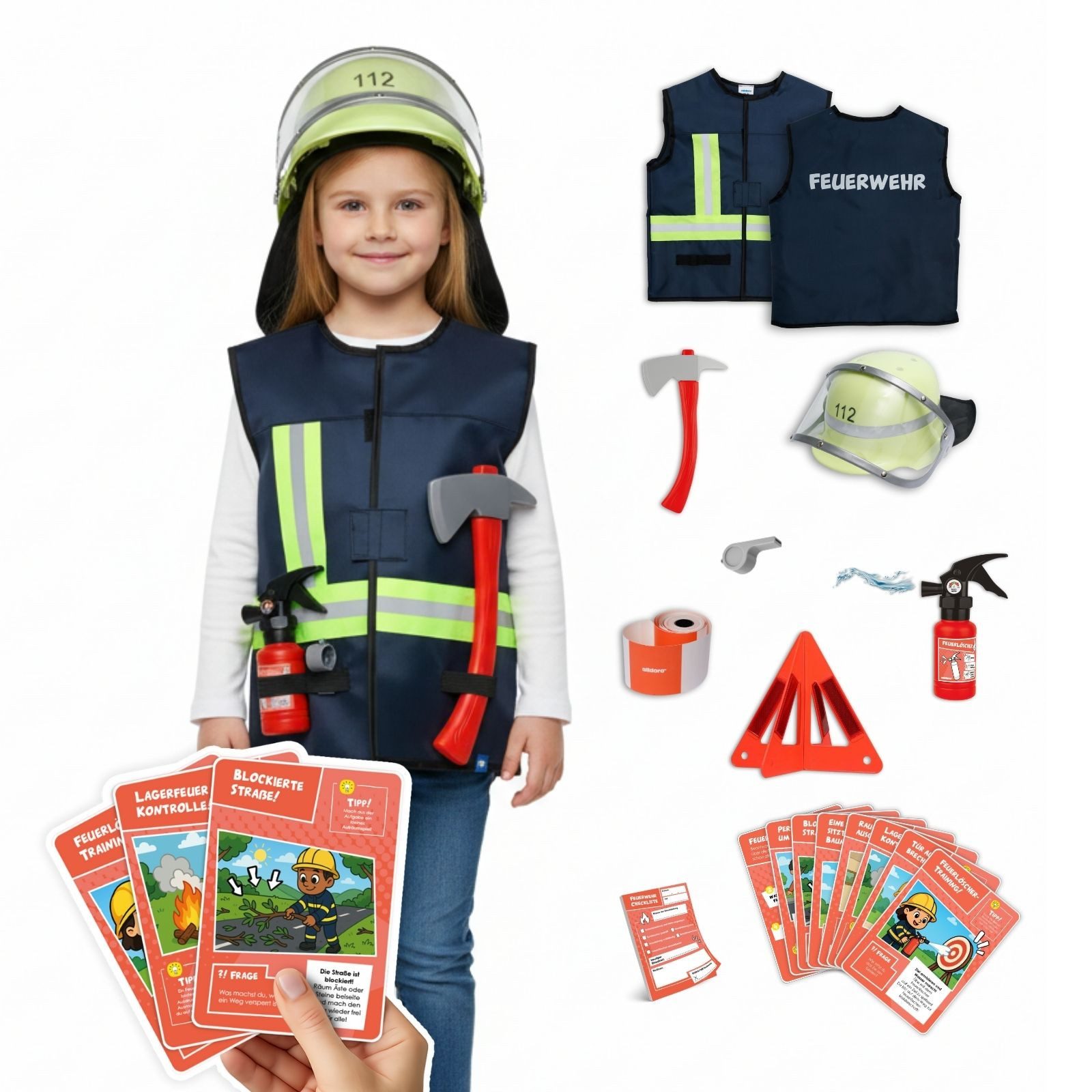 alldoro Spielzeug-Schutzweste Feuerwehr Rollenspiel & Lernset, Feuerwehr-Kostüm für Kinder 3-6 Jahre, 9 Teile, Verkleidung mit Weste, Helm, Zubehör & 8 Lernkarten