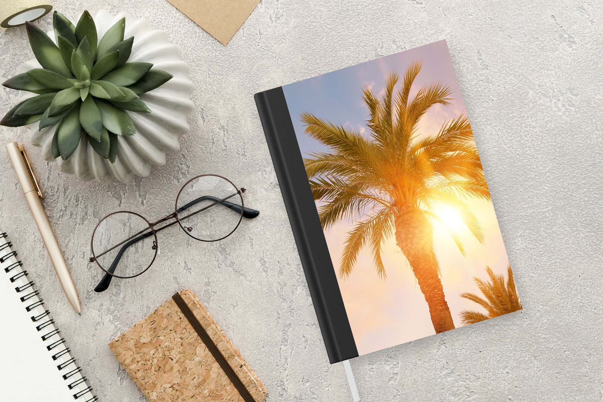 Sonne Palme Notizbuch Journal, - Haushaltsbuch - 98 Tagebuch, Sommer A5, Seiten, Tropisch, Merkzettel, MuchoWow Notizheft, -