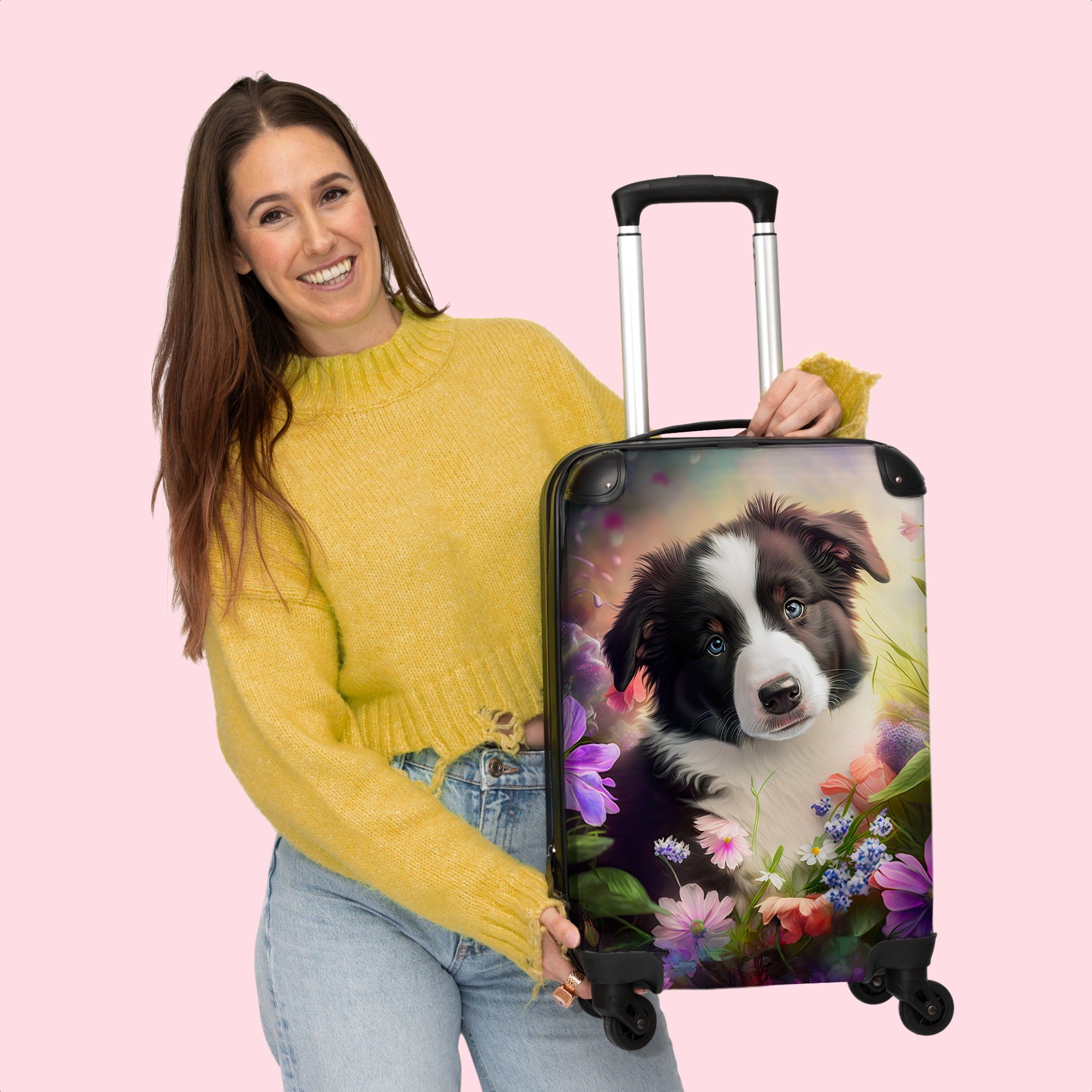 Natur Trolley - NoBoringSuitcases.com© - Kleine - Sonne Cabin Hund, 55x35x20cm Blumen Rollen, Rollen - Welpe Handgepäck Rollkoffer 4 Reisekoffer Collie 4 Border Handgepäckkoffer - - mit