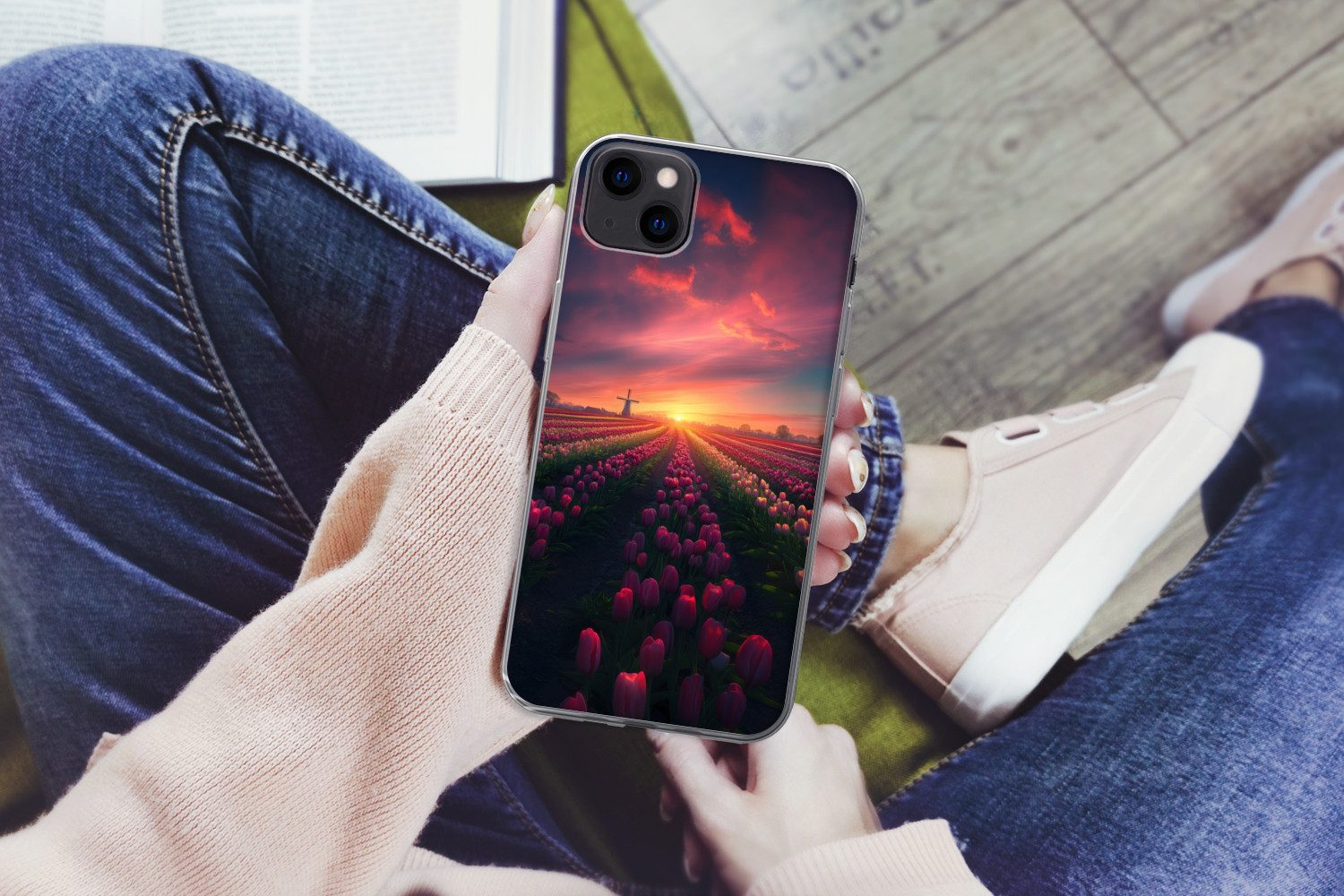 MuchoWow Handyhülle für Apple iPhone 13 mini Windmühle - Sonnenuntergang - Landschaft, Smartphone-Bumper, Print, Handy Schutzhülle Dünn