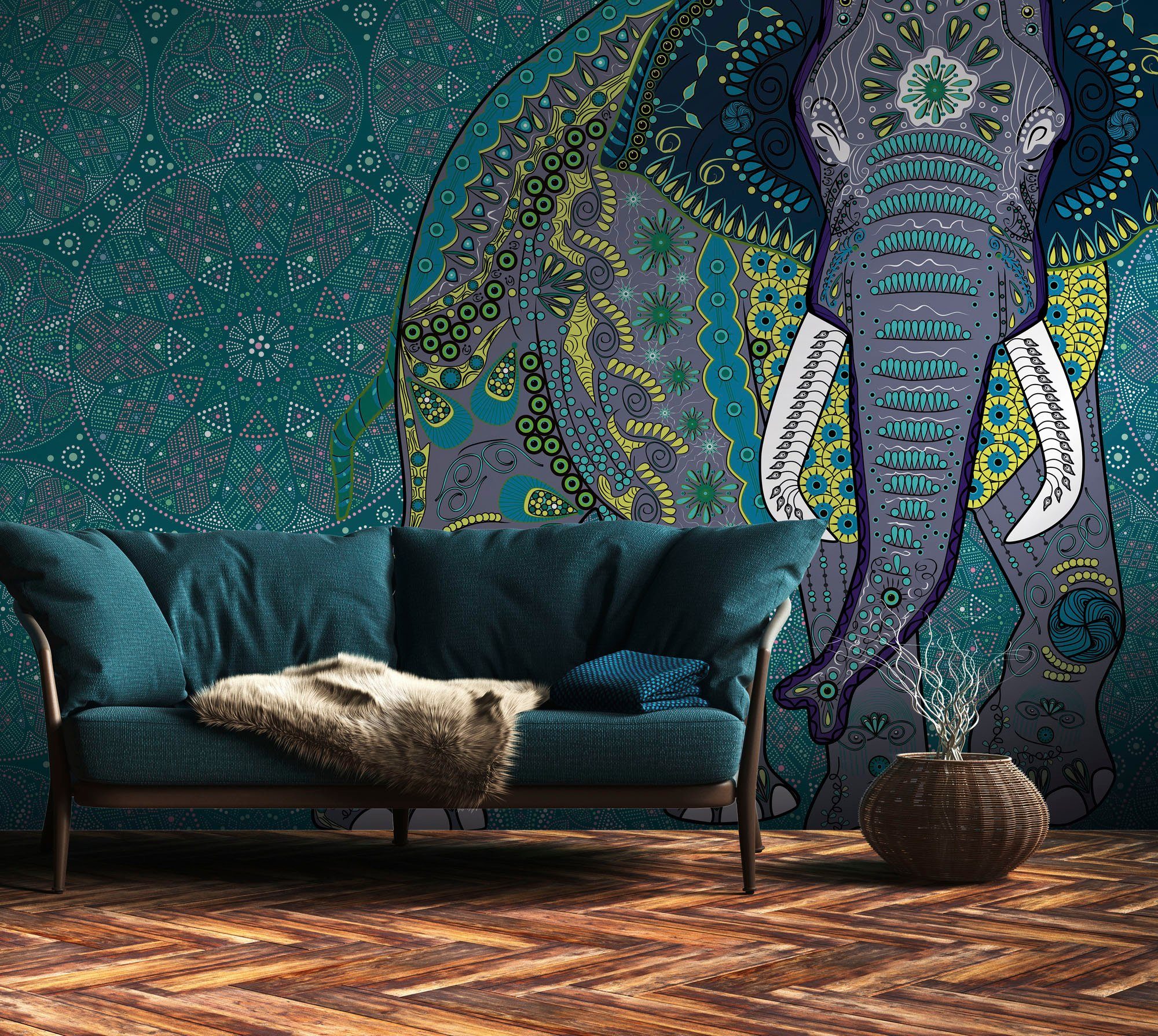 living walls Fototapete The Wall, Grau Fototapete Gelb orientalisch, glatt, Blau Tapete Orientalisch asiatisch, Elefant