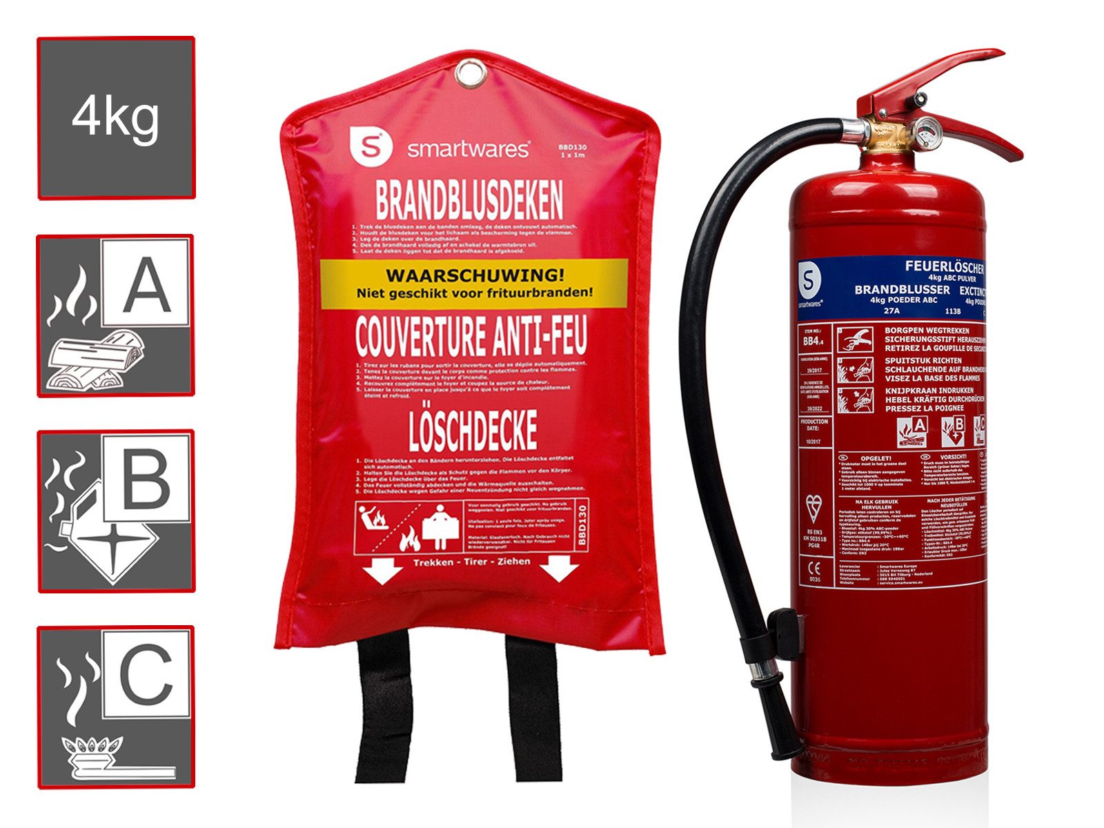 smartwares Pulver-Feuerlöscher, Pulver, als Set mit Löschdecke, für Zuhause Auto, DIN EN 3, Brandklassen A B C