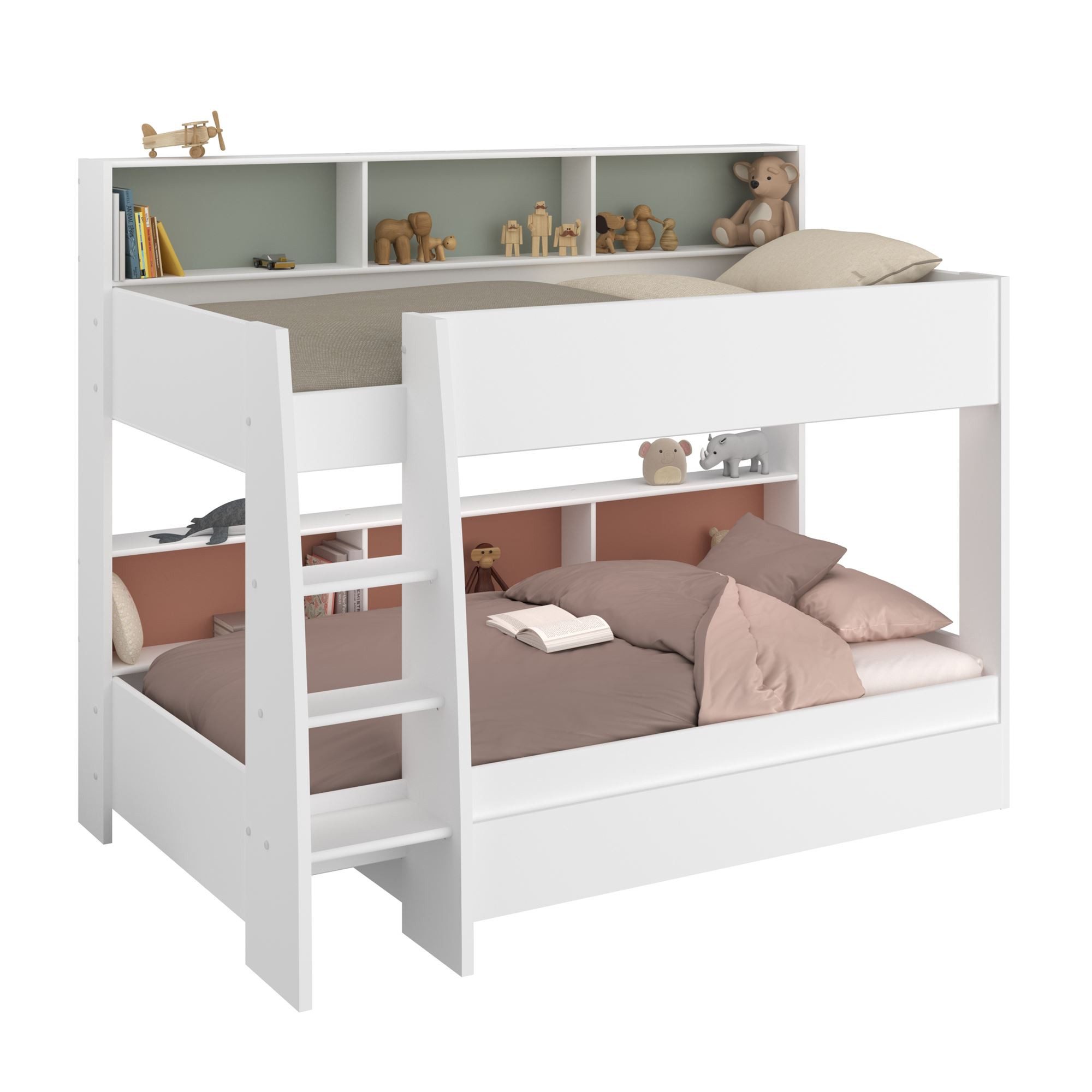 58 aufm Kessel Kinderbett Etagenbett Parisot Leo 11 mit Bettschublade 90x200 Holzdekor Weiß (inkl. Versand, Lieferung bis Verwendungsstelle), Stockbett mit Bettschubkasten und Regalen platzsparend viel Stauraum
