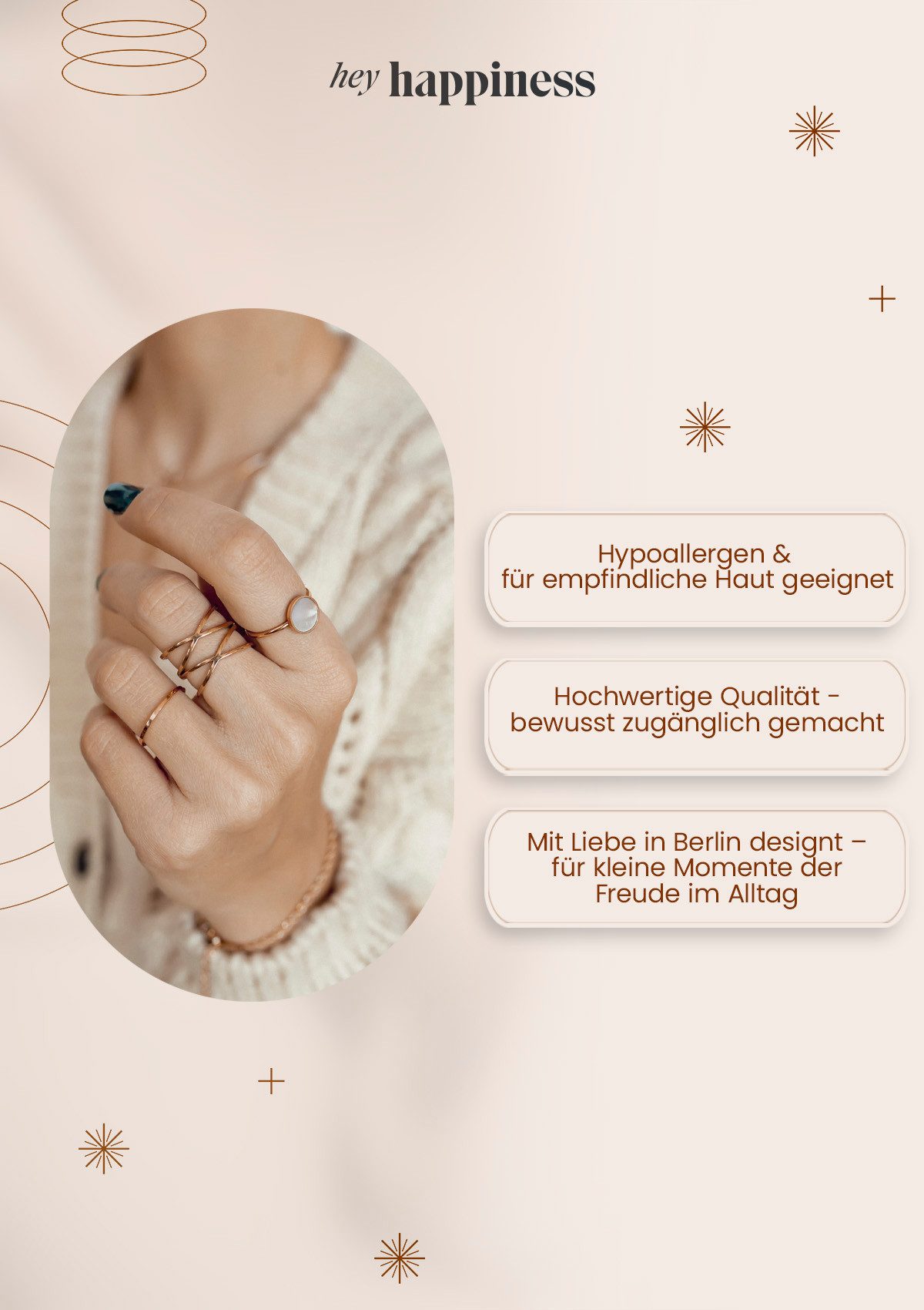 Hey Happiness Fingerring Kreis Muschel 18K Gold Roségold, Edelstahl Damen Ring Geo Plättchen, Geschenk Idee