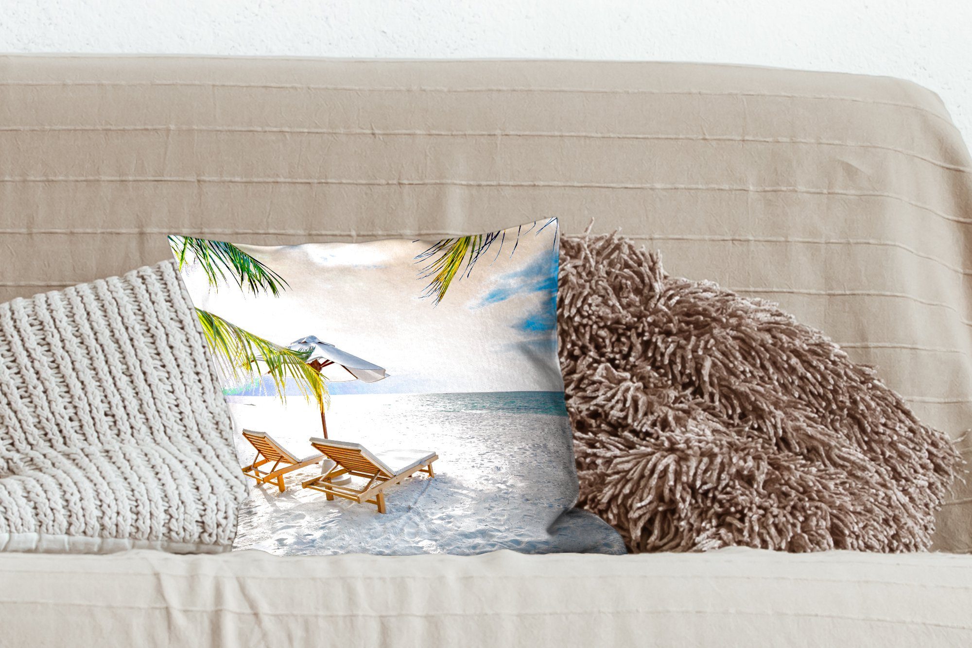Sonnenschirm Deko, mit - MuchoWow Strandkorb - Dekokissen Füllung Sofakissen Wohzimmer, für Schlafzimmer, Sonnenuntergang, Zierkissen