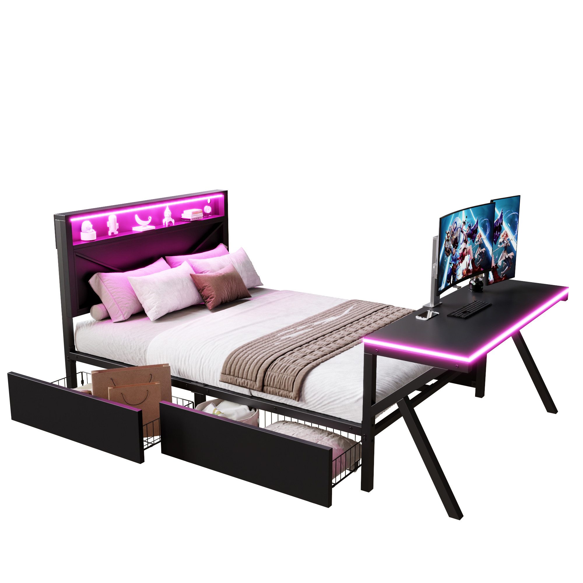 REDOM Hochbett Gaming-Plattformbett (LED-Schreibtisch,zwei Schubladen, Schwarz, 1-St., 253 × 145 × 111 cm)