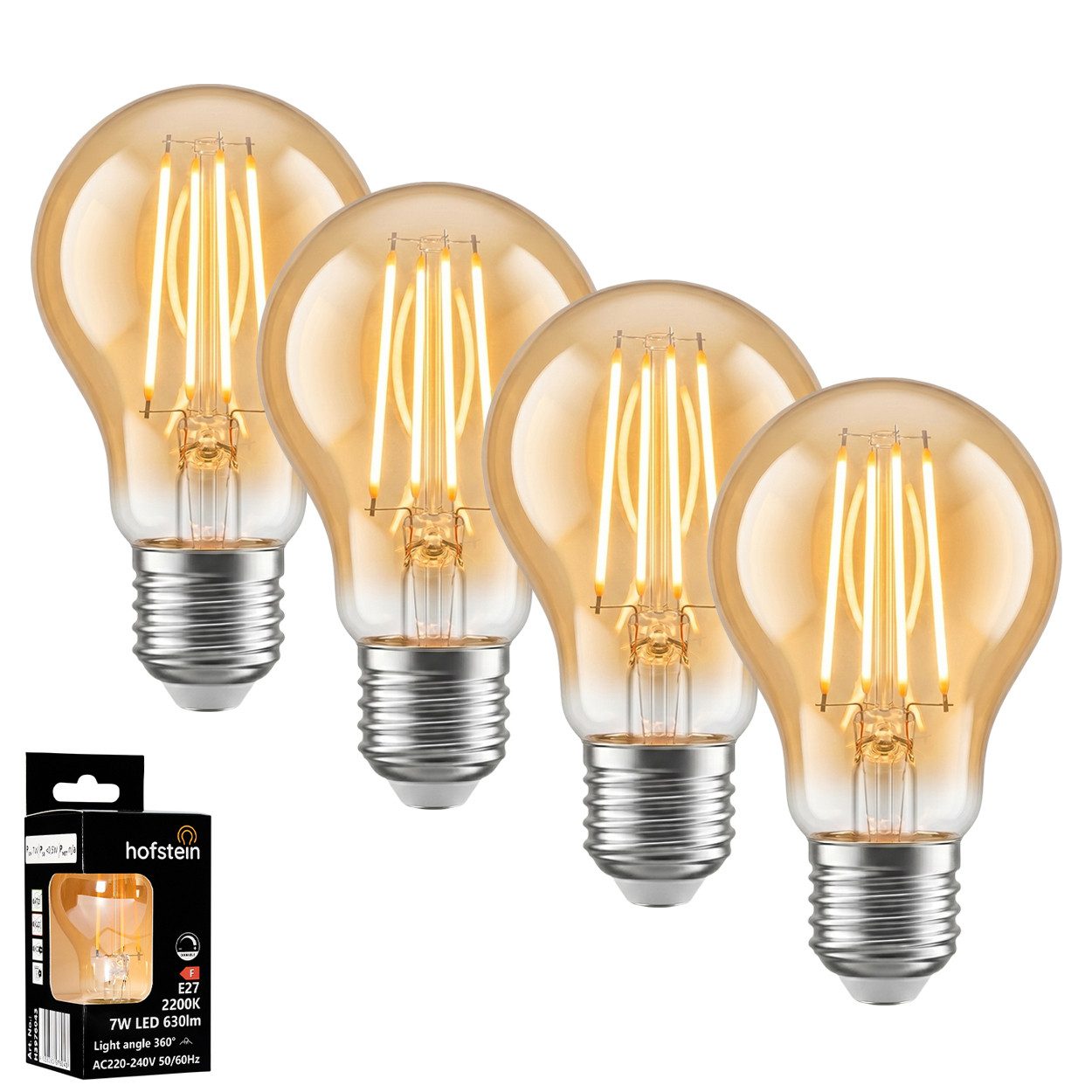 hofstein LED-Leuchtmittel 4er Set Glühbirne Extra Warmweiß dimmbar 7 Watt, E27, 2200 Kelvin, 630 Lumen, Klassisch, Filament, Amber