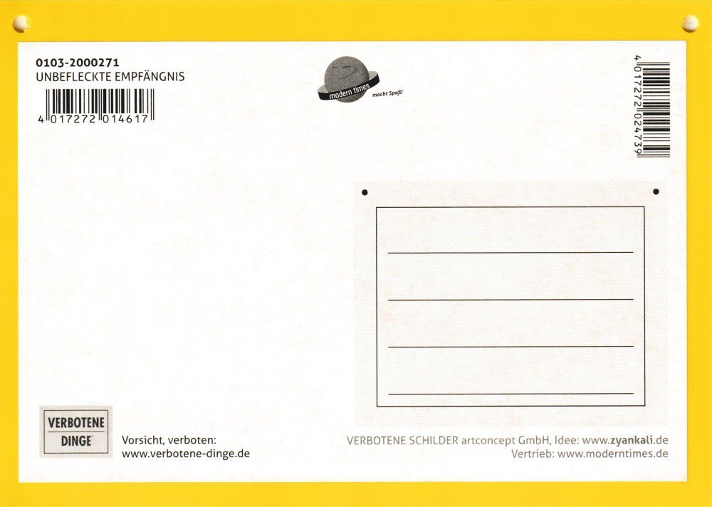 Postkarte Kunststoff- Empfängnis "Verbotene Unbefleckte Anfrage" Schilder: auf
