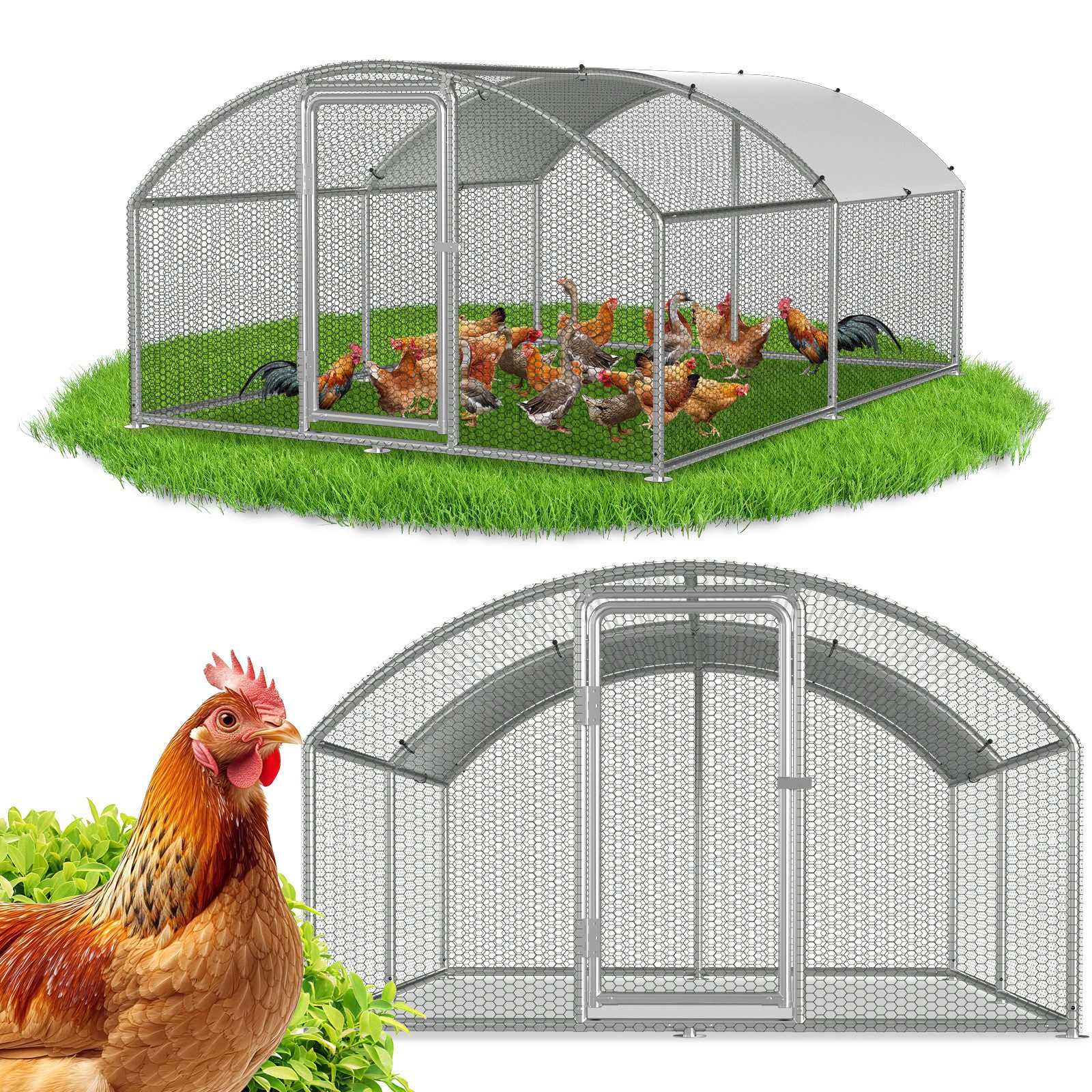 Clanmacy Hühnerstall Hühnerstall 3x4x2m Kuppeldach Freilaufgehege verzinkt mit PE-Dach, Verzinkter Rahmen, PE-Dach, PVC-beschichtetes Drahtnetz von Clanmacy