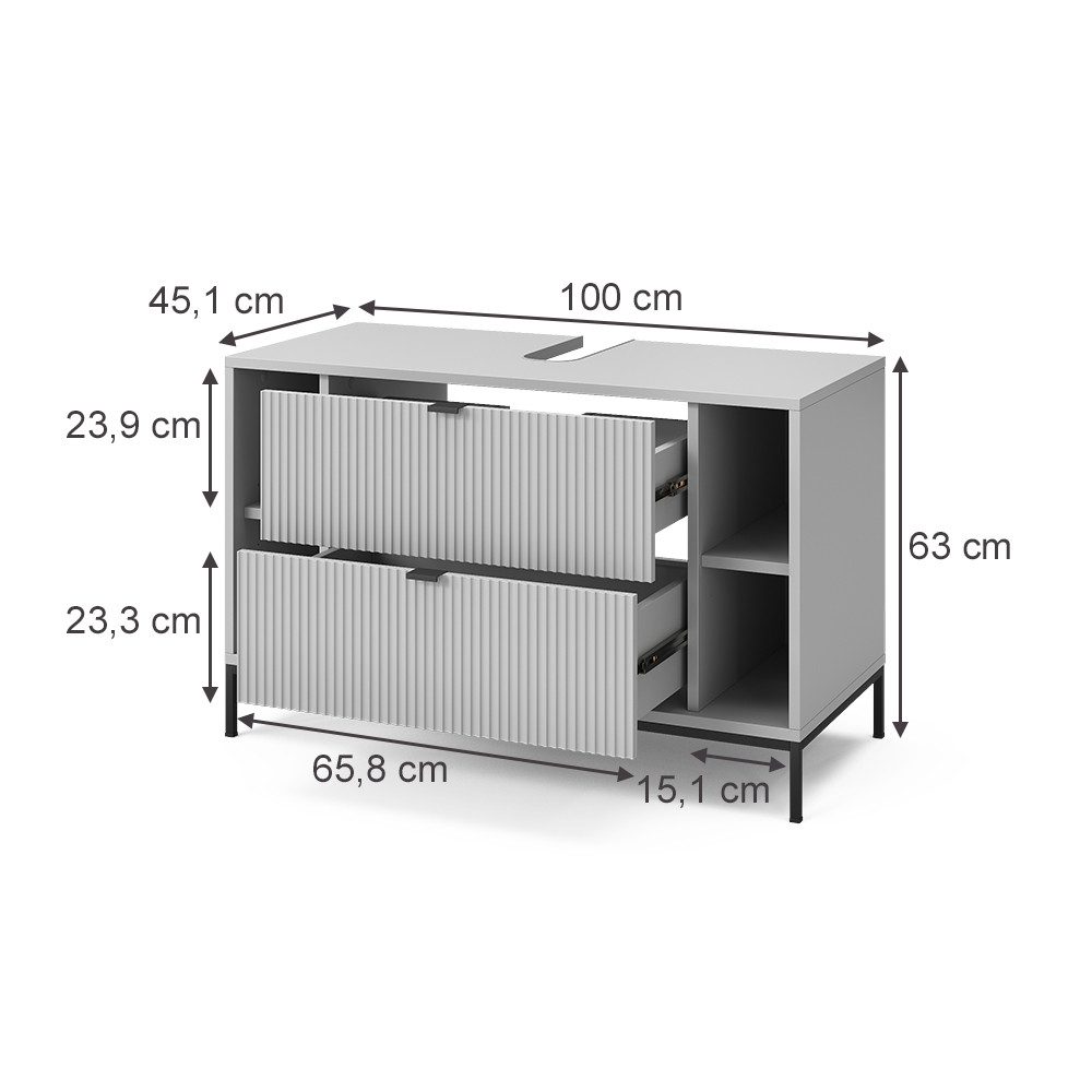 Vicco Waschbeckenunterschrank Eliza, Grau, 100 x 63 cm mit 2 ausziehbaren Schubladen (1-St)