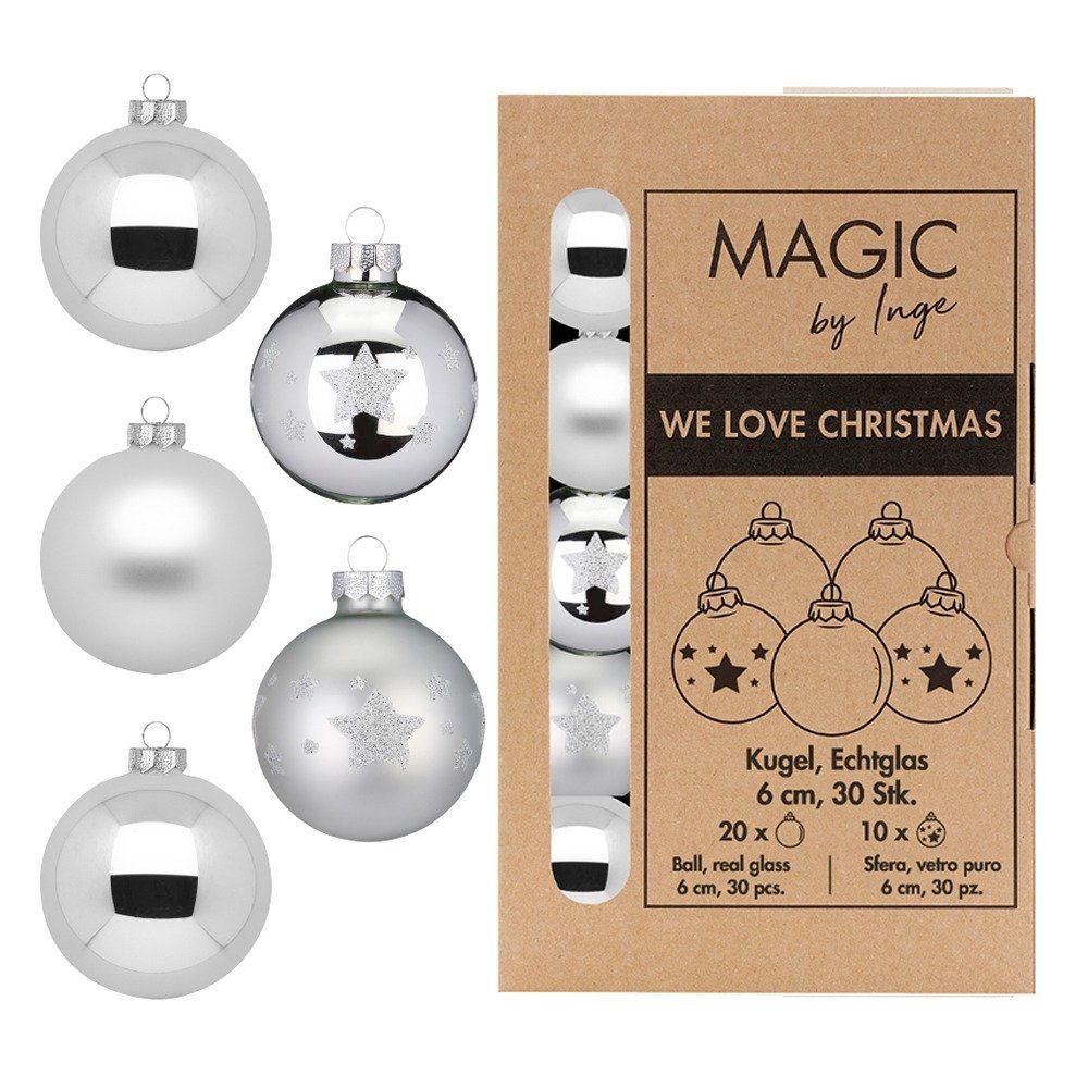 MAGIC by Inge Weihnachtsbaumkugel, Weihnachtskugeln Glas 6cm mit Sternenmuster 30 Stück - Frosty Silver