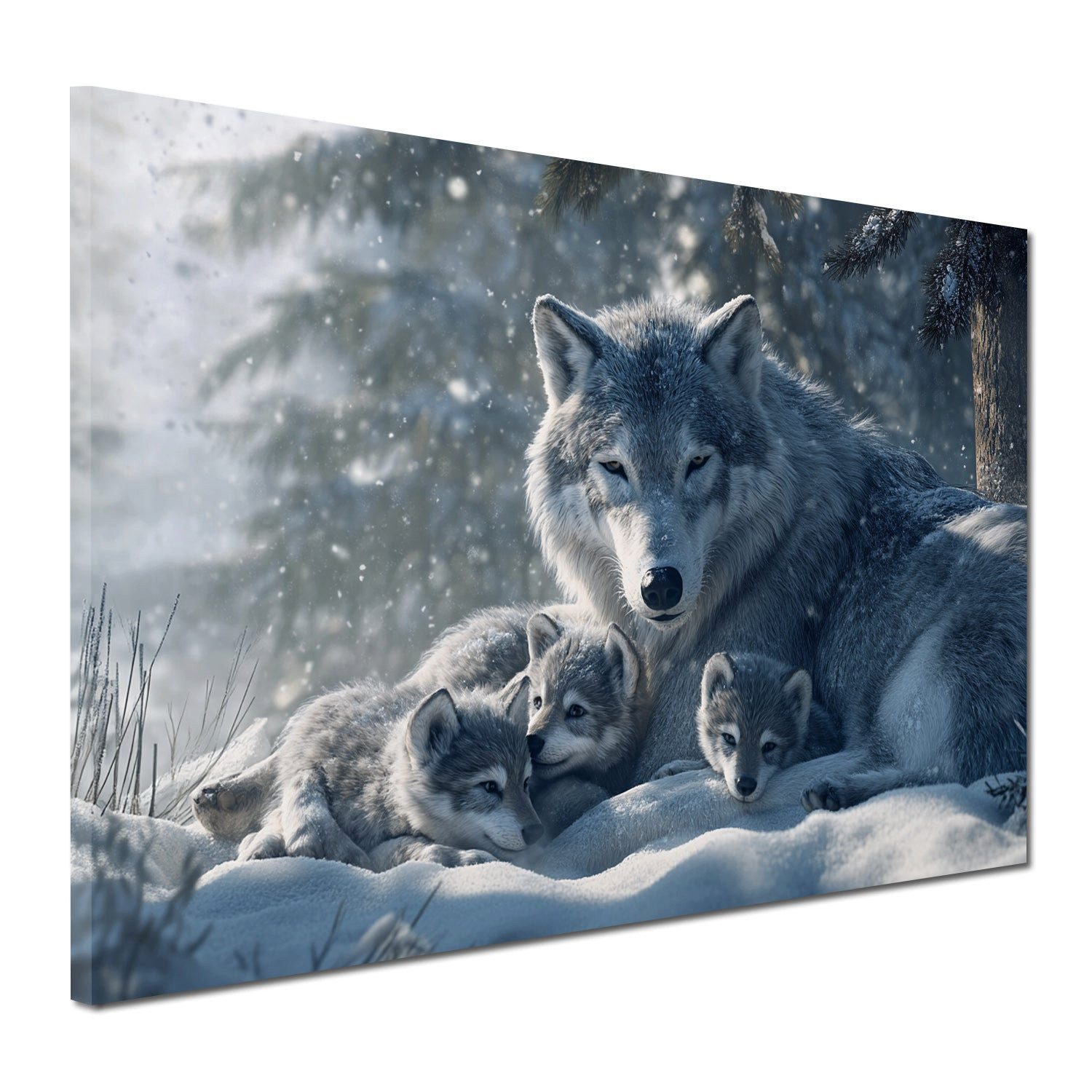 Artedinoi Leinwandbild Wolf Jungtiere verschneiter Wald Wandbild Leinwandbild Kunstdruck XL W, Wolf mit Jungtieren im Schnee