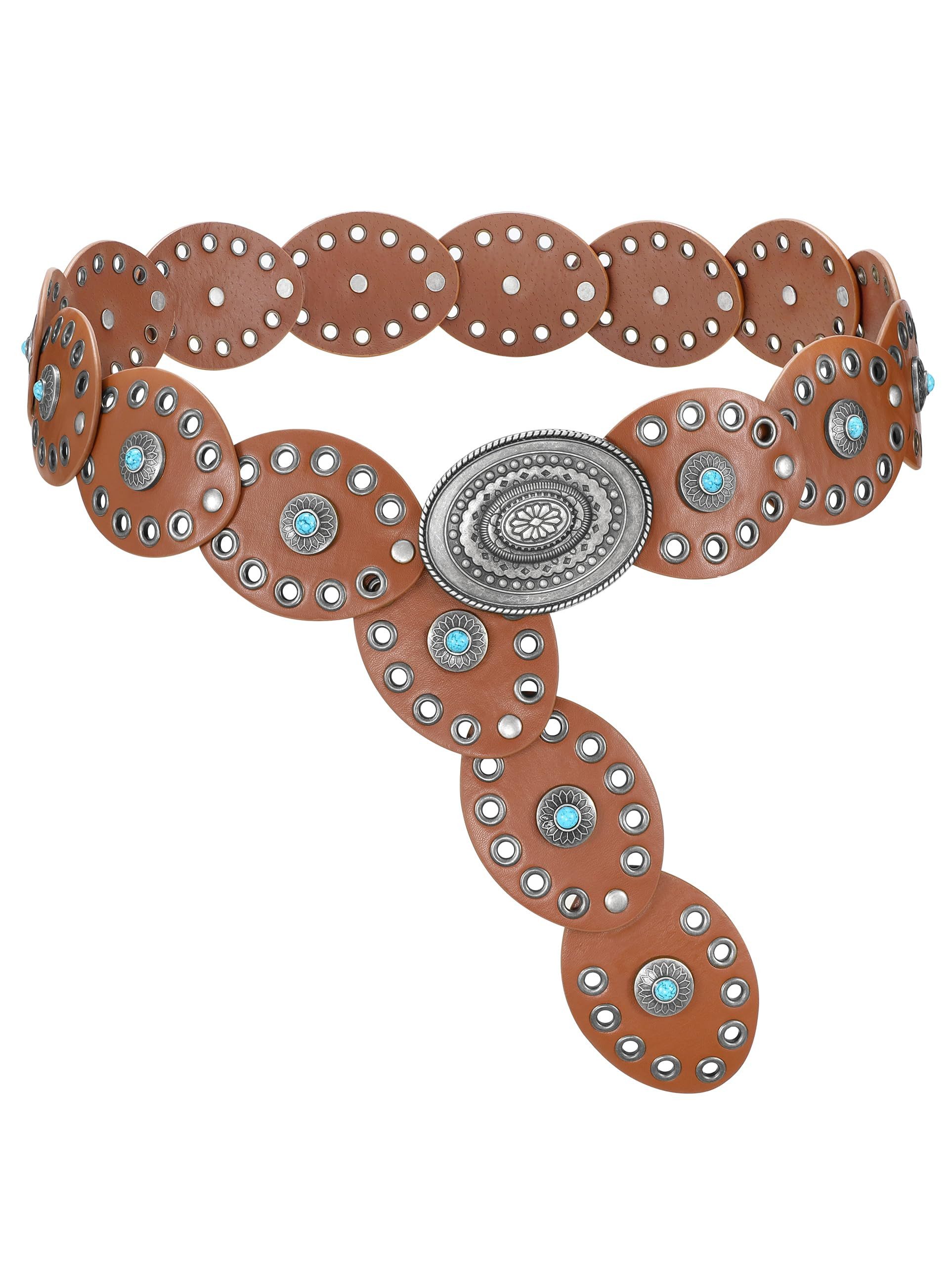 Agger Ledergürtel Damen-Western-Gürtel, breiter Dischgürtel mit Türkis Boho-Concho-Ledergürtel für Kleider, Cowgirl- und Country-Stil
