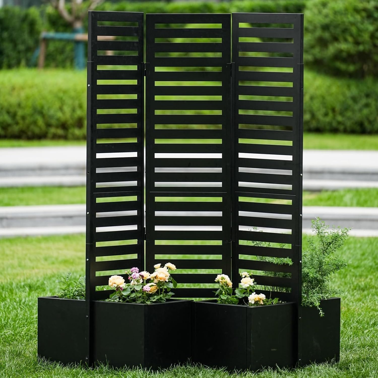 GarveeMore Blumenkastenhalter 3-teilige Sichtschutz-Metallzaun, mit Pflanzkästen, für Patio & Garten
