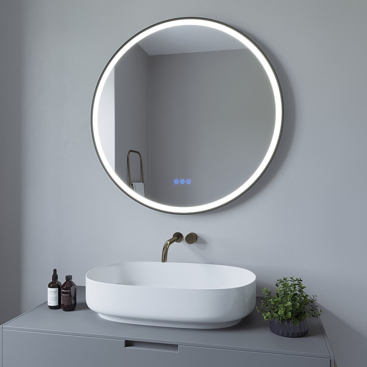 AQUALAVOS Badspiegel Badspiegel mit Beleuchtung Rund 80 cm Schwarz Rahmen LED Wandspiegel, Beschlagfrei, 3 Lichtfarben, Dimmbar, Touch Schalter für Wandschalter