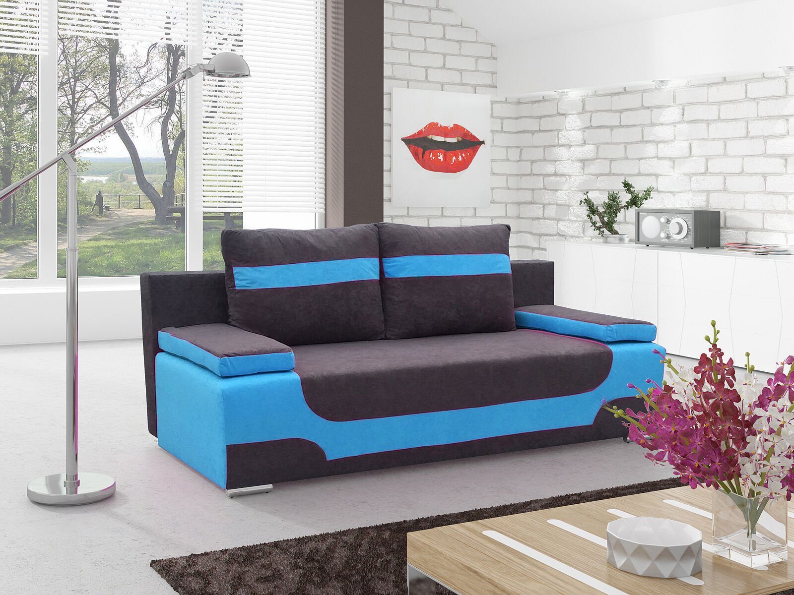 JVmoebel Sofa, Multifunktion Büro Couch Schlafsofa Textil Big Sofa Couchen 3Sitzer Schwarz / Blau