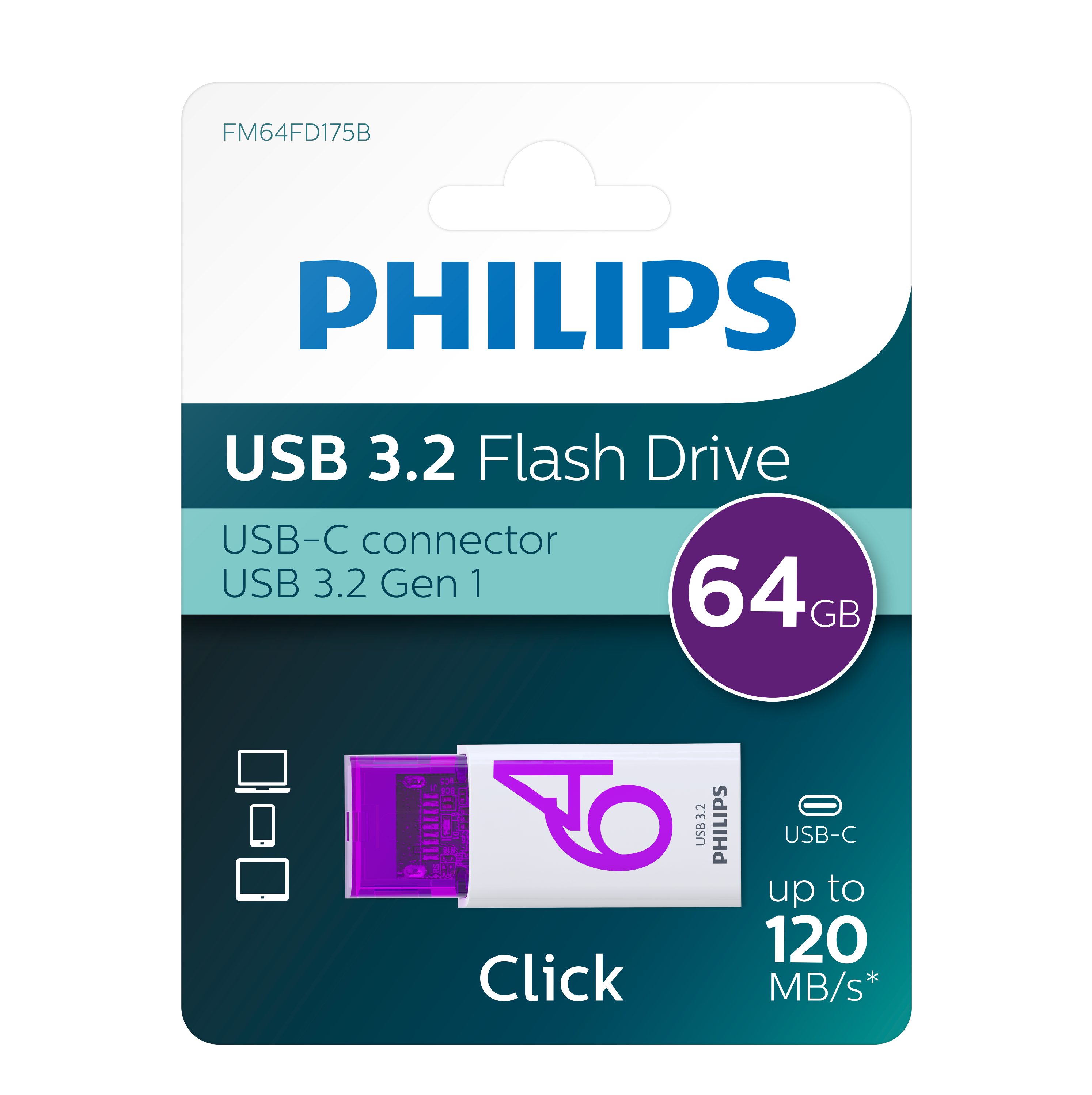 Philips FM64FD175B/00 USB-Stick (USB 3.2, Lesegeschwindigkeit 120,00 MB/s, Click Edition USB-C, 64 GB)