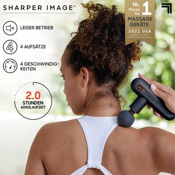 Sharper Image Massagepistole Kleine Kompakte Massagegun für Muskelentspannung, mit 4 Aufsätzen & 4 Intensitätsstufen