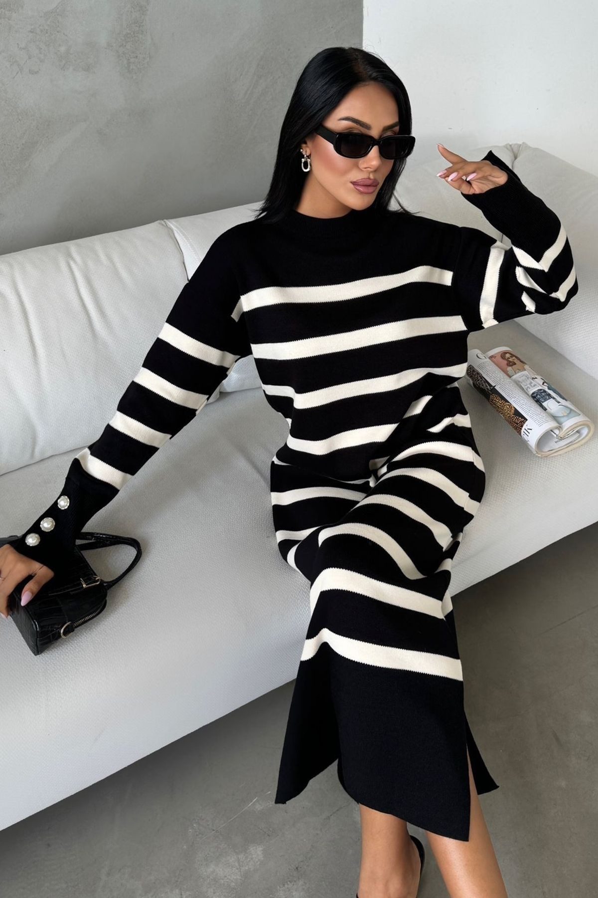 WOMAN VISION Minikleid Langärmeliges, gestreiftes Strickkleid in Midi-Länge günstig online kaufen